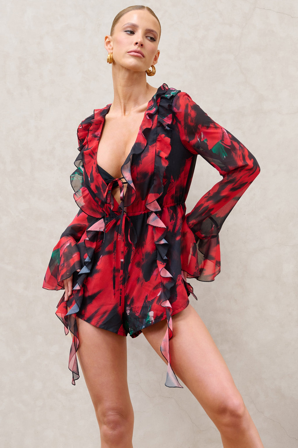 Sauvage | Red & Black Floral Print Chiffon Ruffle Long Sleeve Playsuit