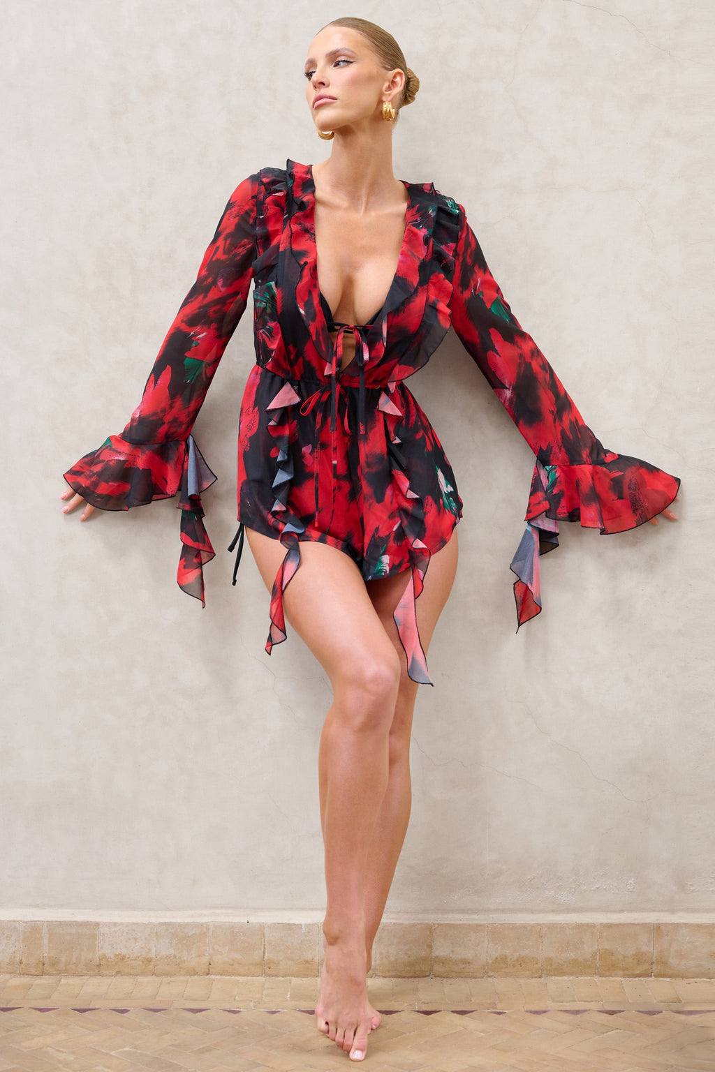 Sauvage | Red & Black Floral Print Chiffon Ruffle Long Sleeve Playsuit