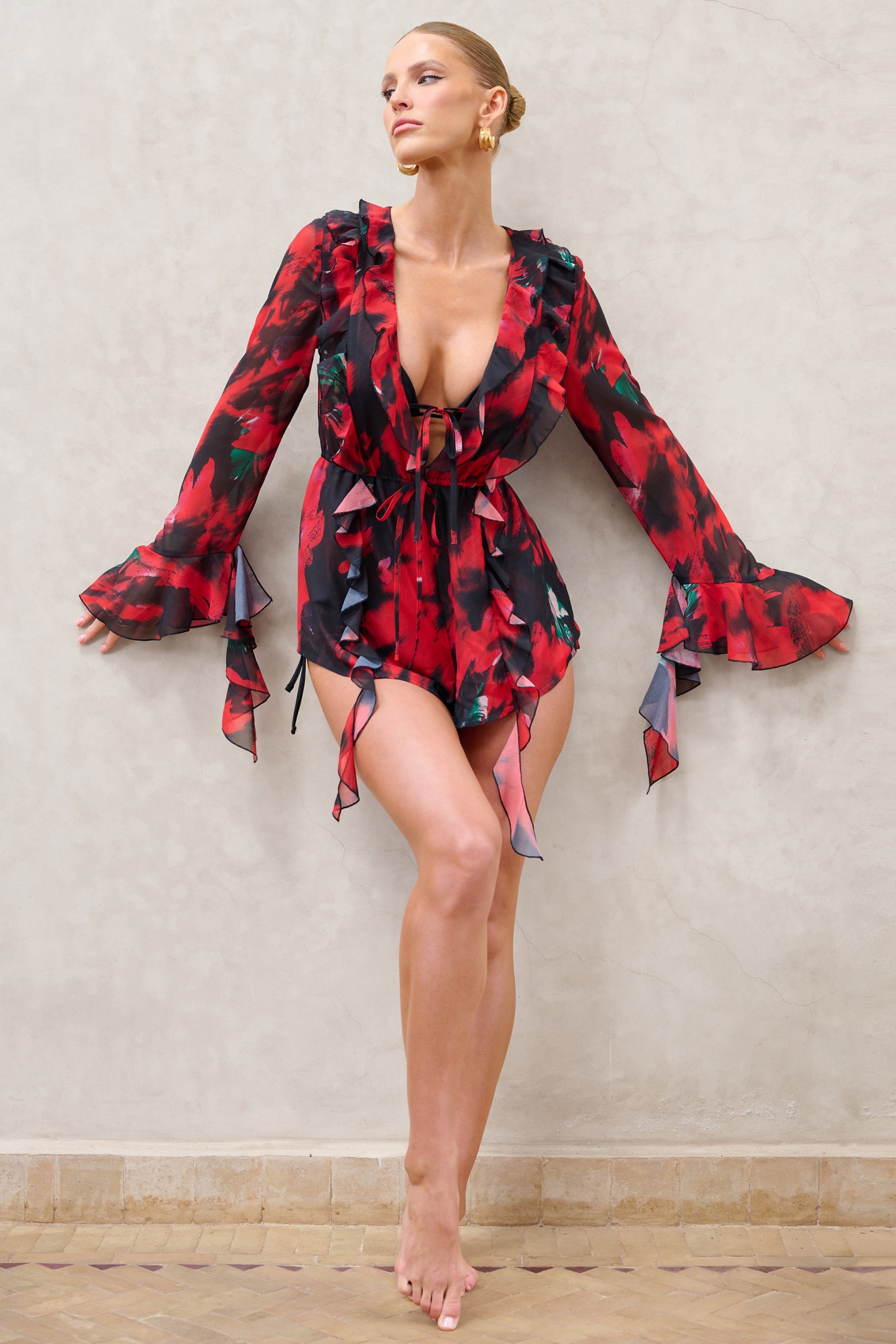 Sauvage | Red & Black Floral Print Chiffon Ruffle Long Sleeve Playsuit