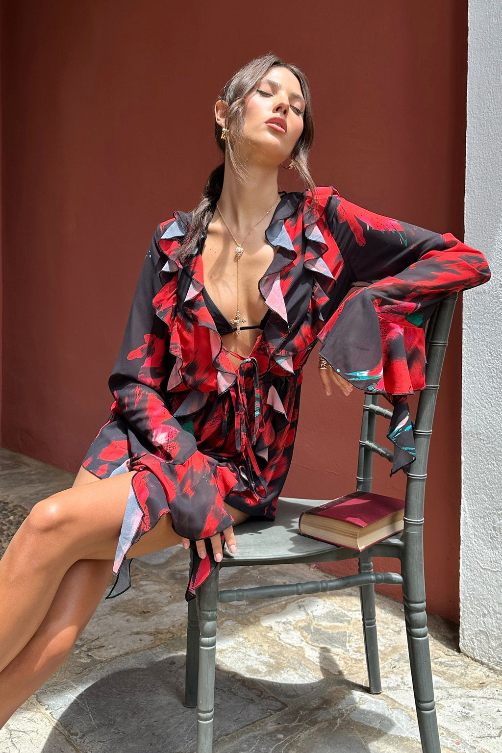 Sauvage | Red & Black Floral Print Chiffon Ruffle Long Sleeve Playsuit