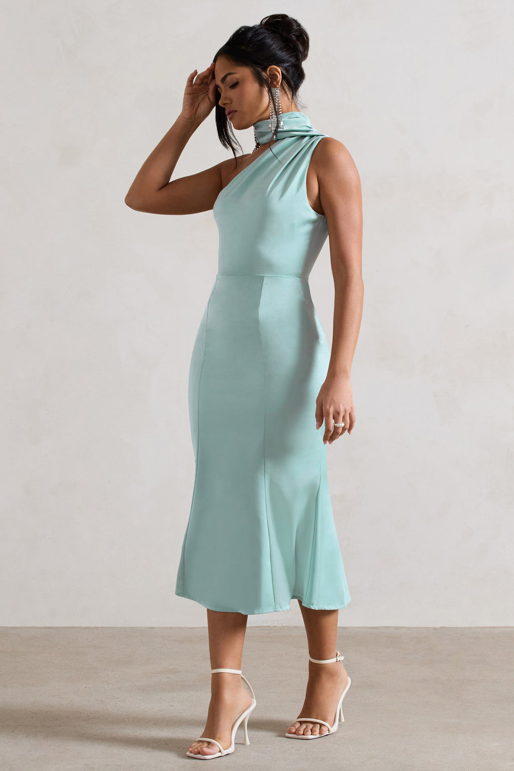 Golden Girl | Mint Satin One Shoulder High-Neck Flared Midi Dress