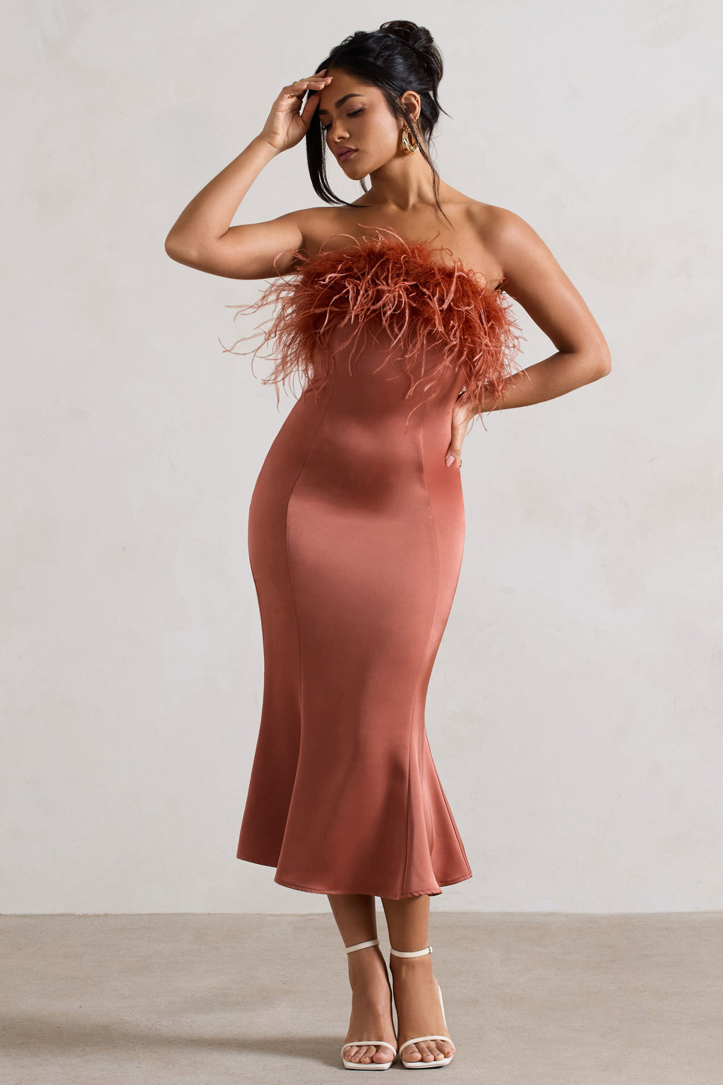 One And Only | Rust Satin Feather Trim Bandeau Midi Dress