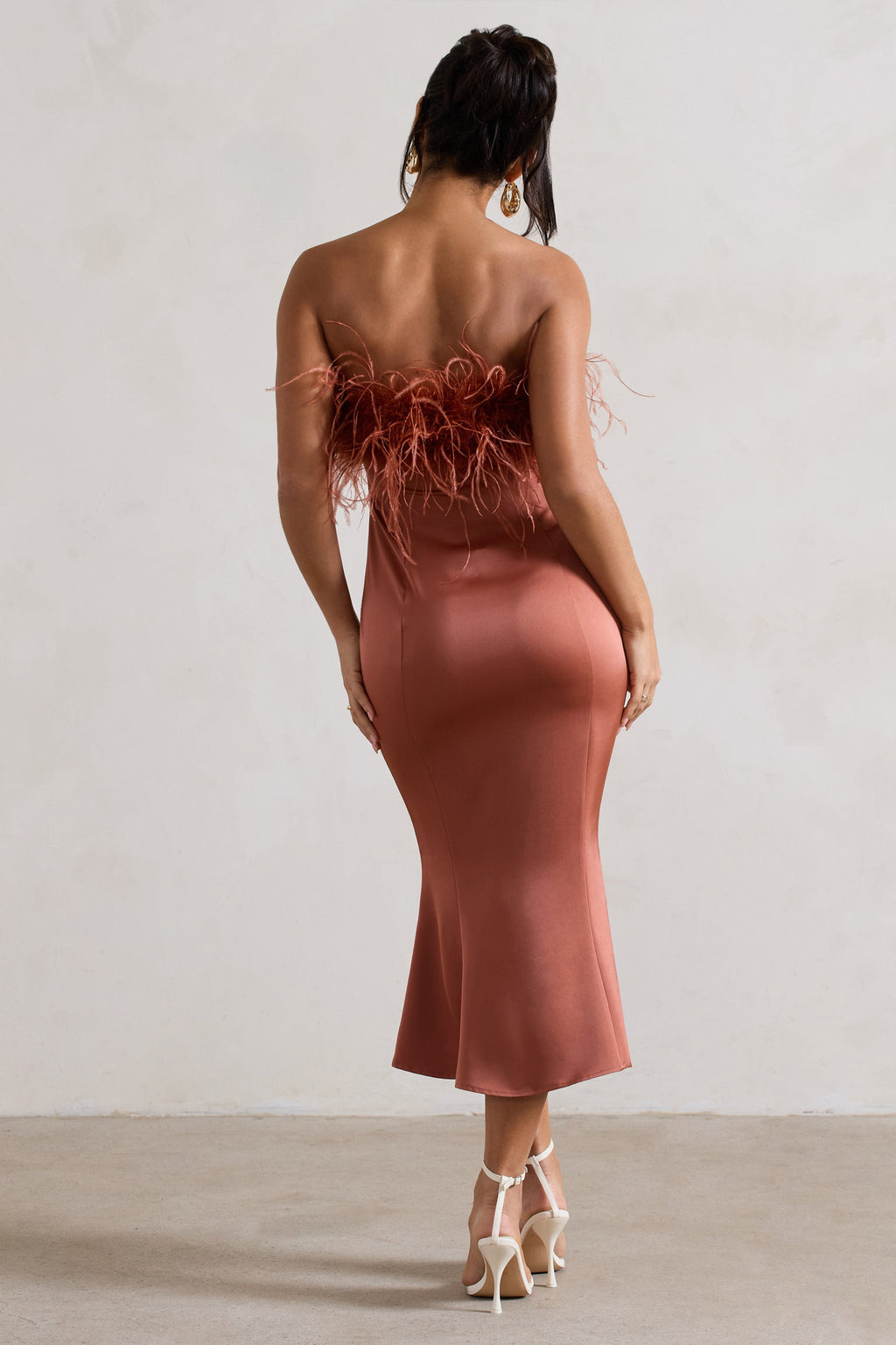 One And Only | Rust Satin Feather Trim Bandeau Midi Dress