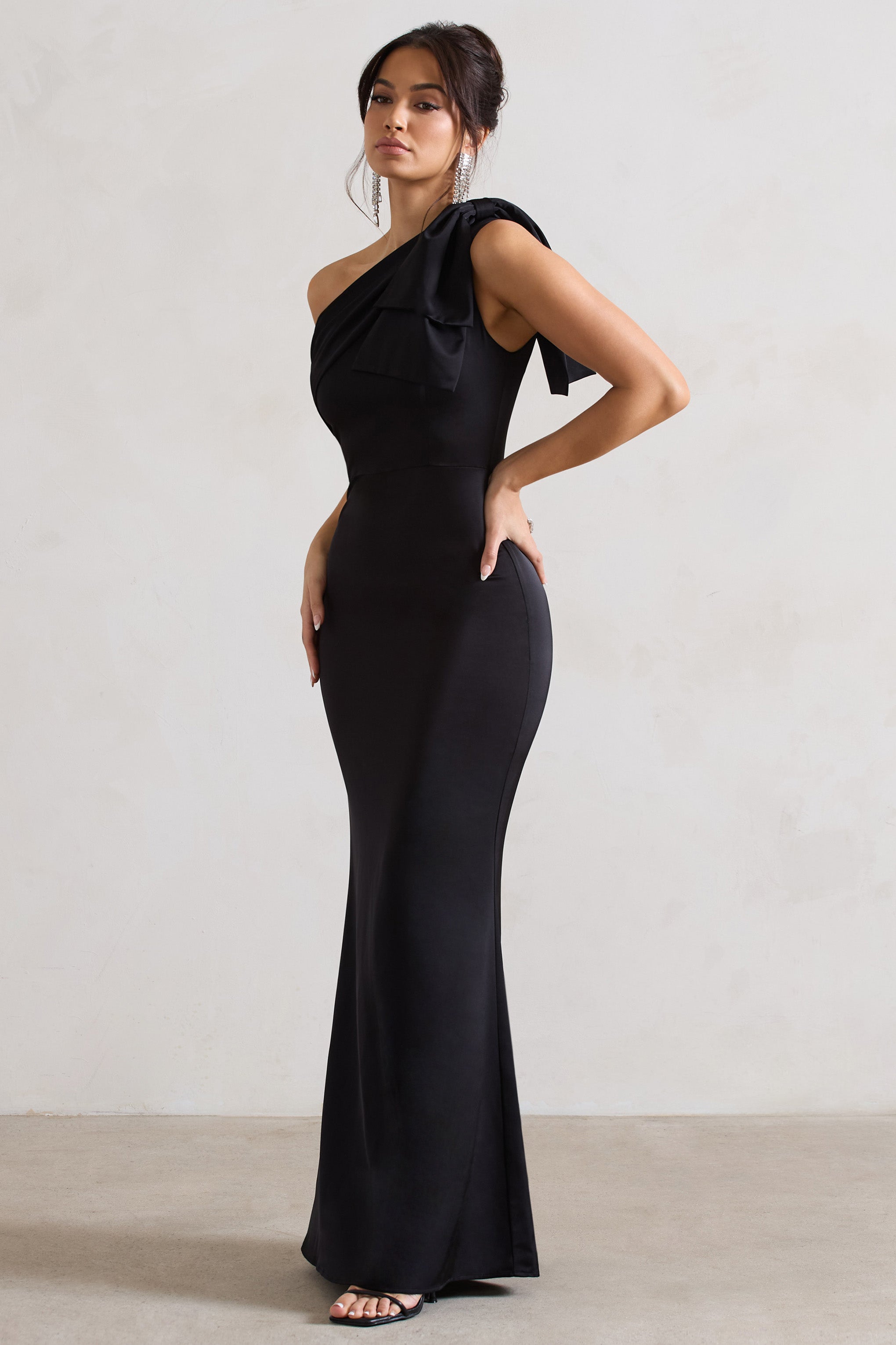 Lady | Black Satin One Shoulder Maxi Dress With Bow
