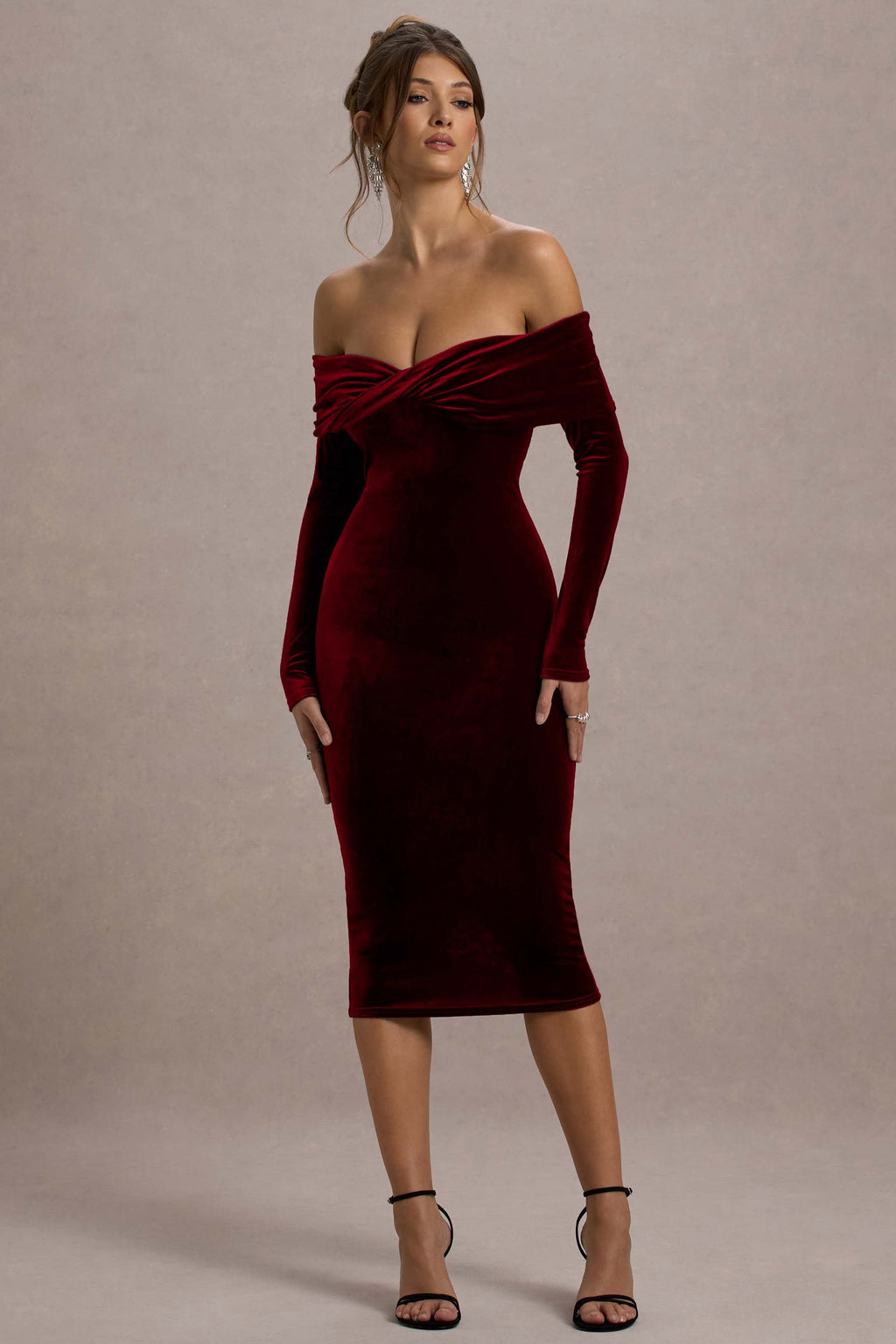 Compliment | Berry Velvet Bardot Midi Dress