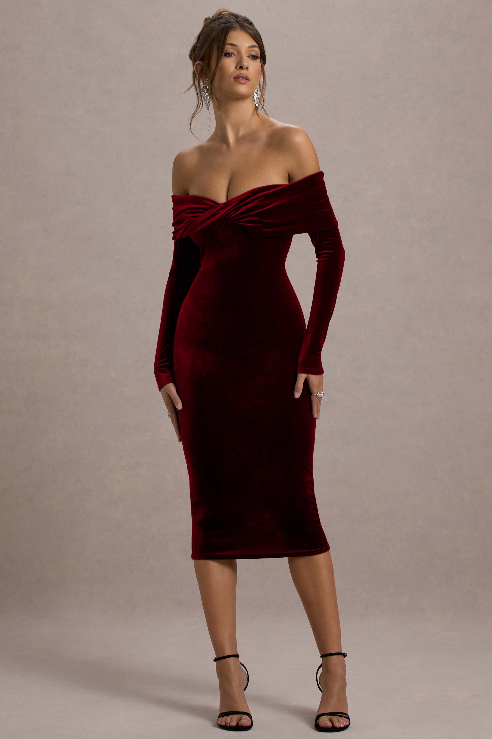 Compliment | Berry Velvet Bardot Midi Dress