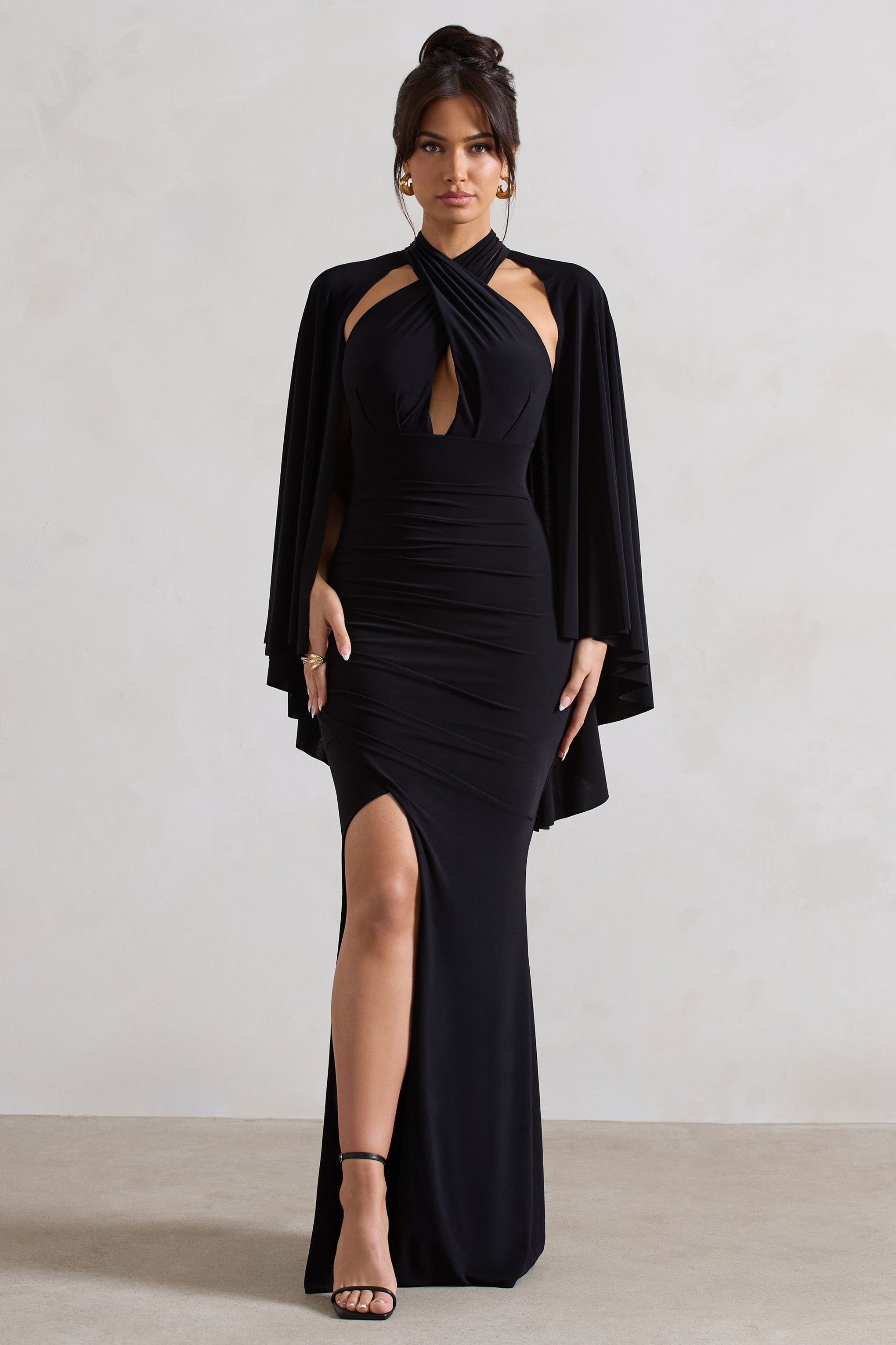 Audrina | Black Ruched Halter-Neck Split Maxi Dress With Cape