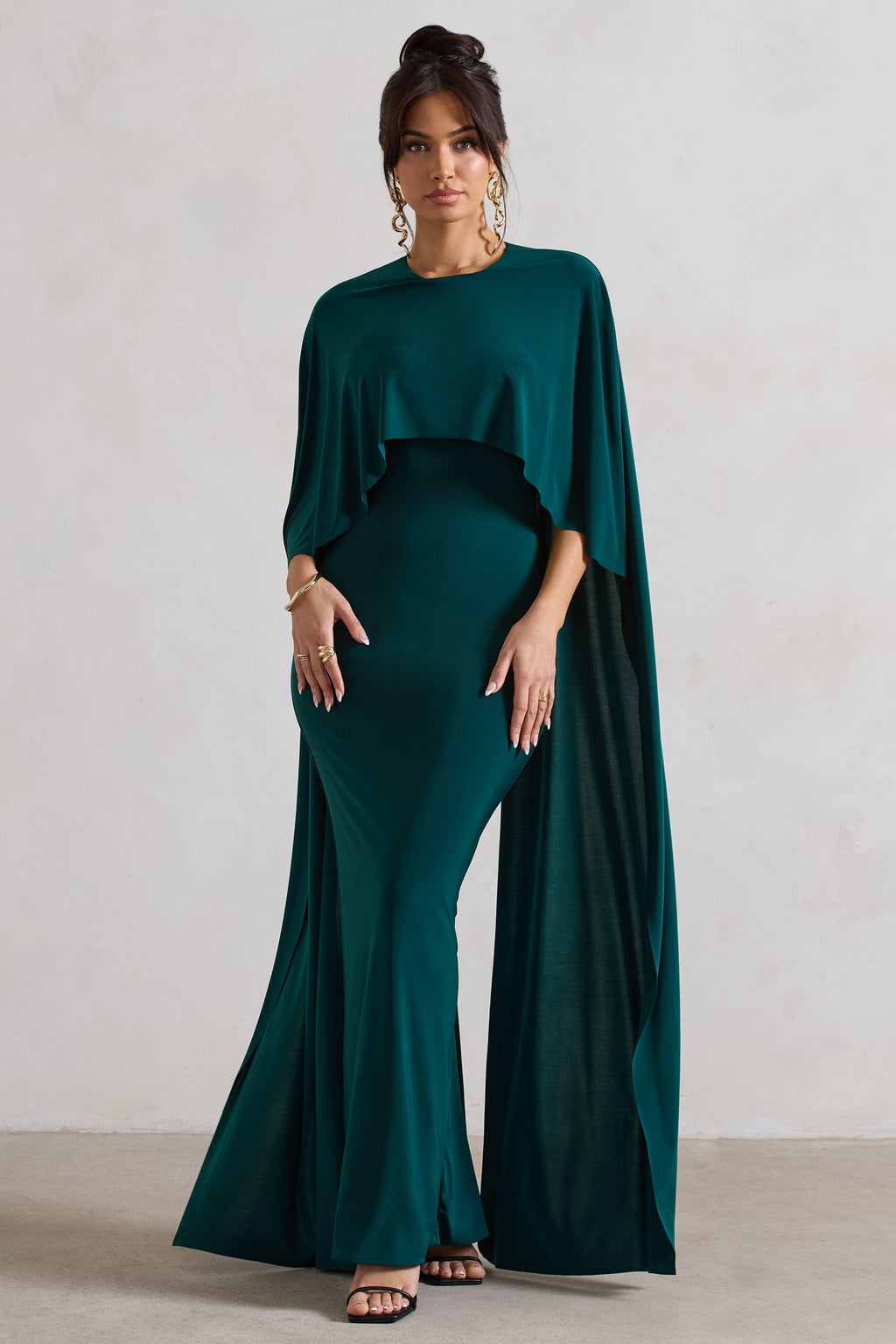 Padma | Bottle Green Draped Maxi Dress With Cape Sleeves