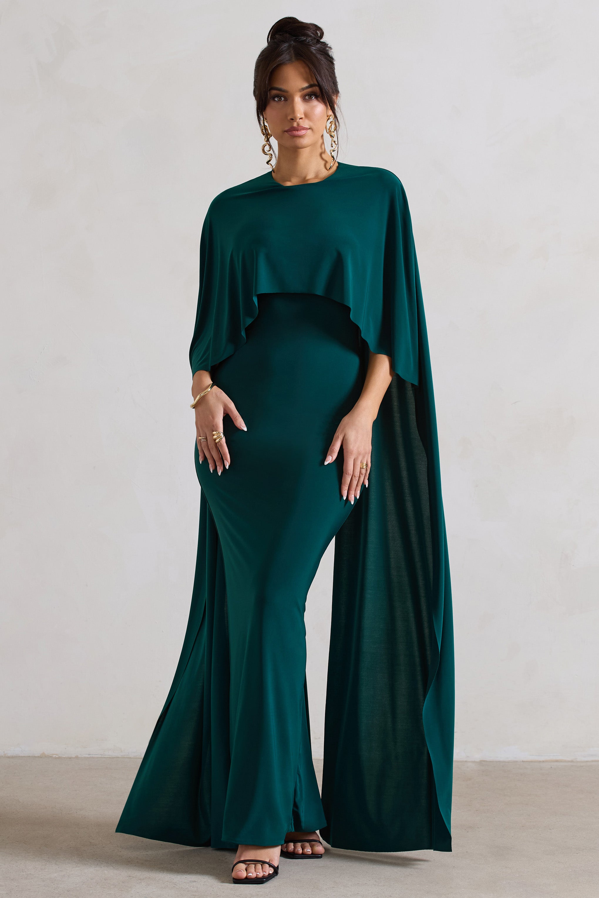 Padma | Bottle Green Draped Maxi Dress With Cape Sleeves