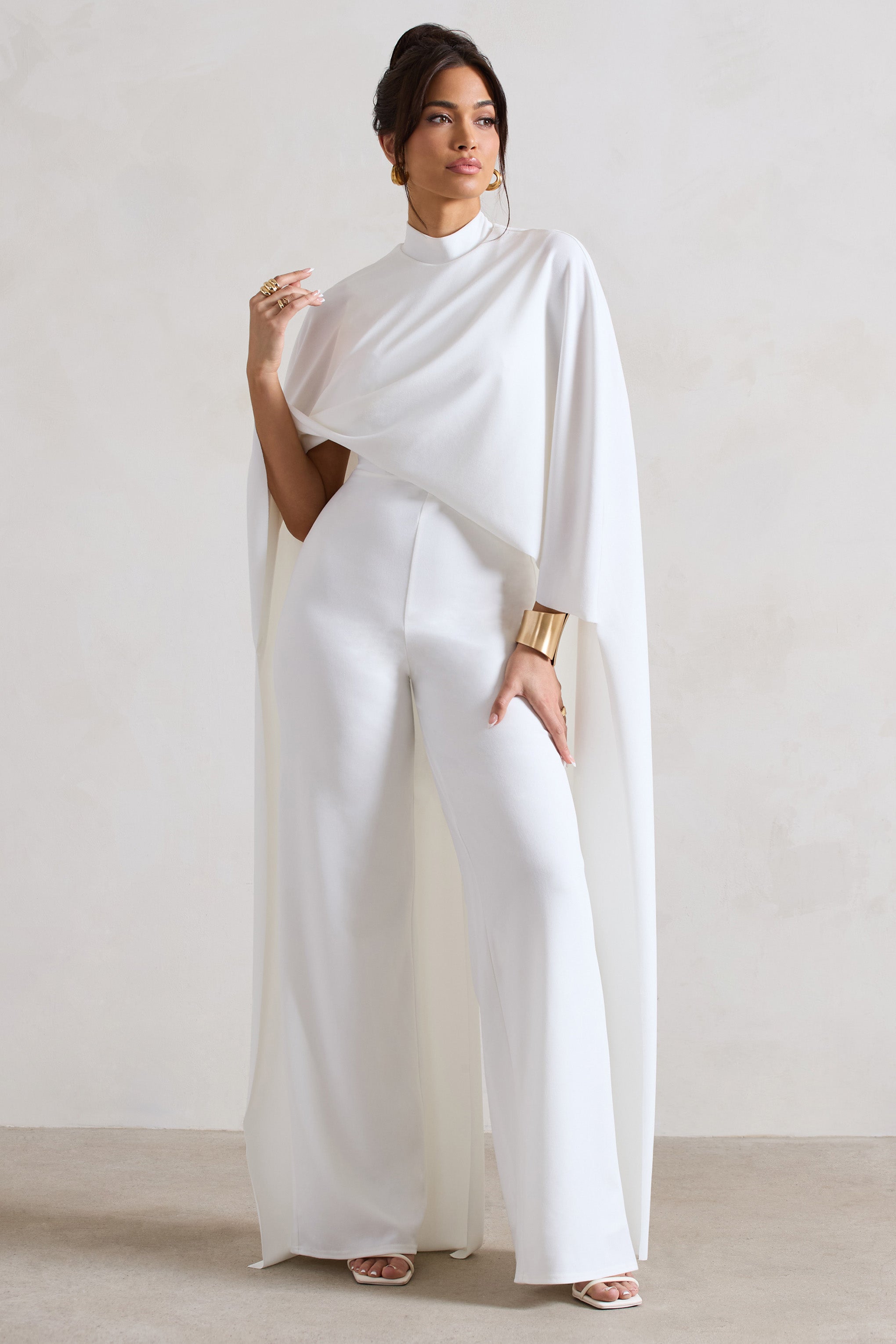 Indra | White High-Neck Wide-Leg Cape Jumpsuit