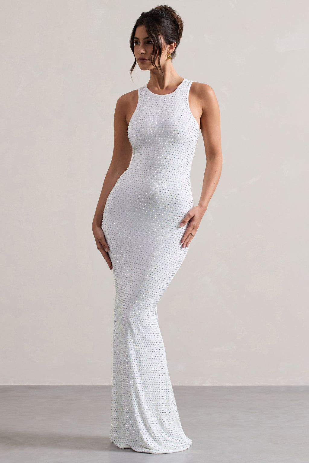 Escala | White Embellished Racer-Neck Maxi Dress