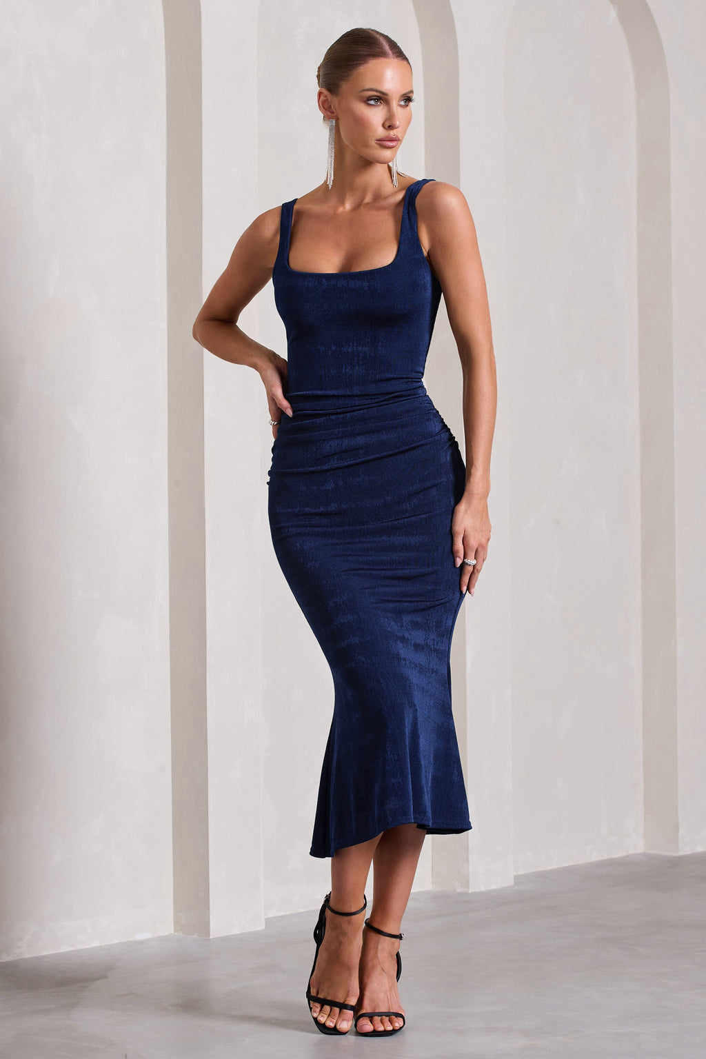 Evora | Navy Ruched Square-Neck Midi Dress