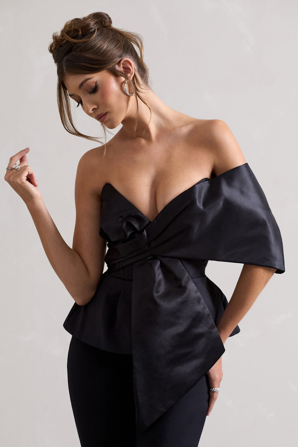 Mayfair | Black Asymmetric Bardot Top With Peplum Hem