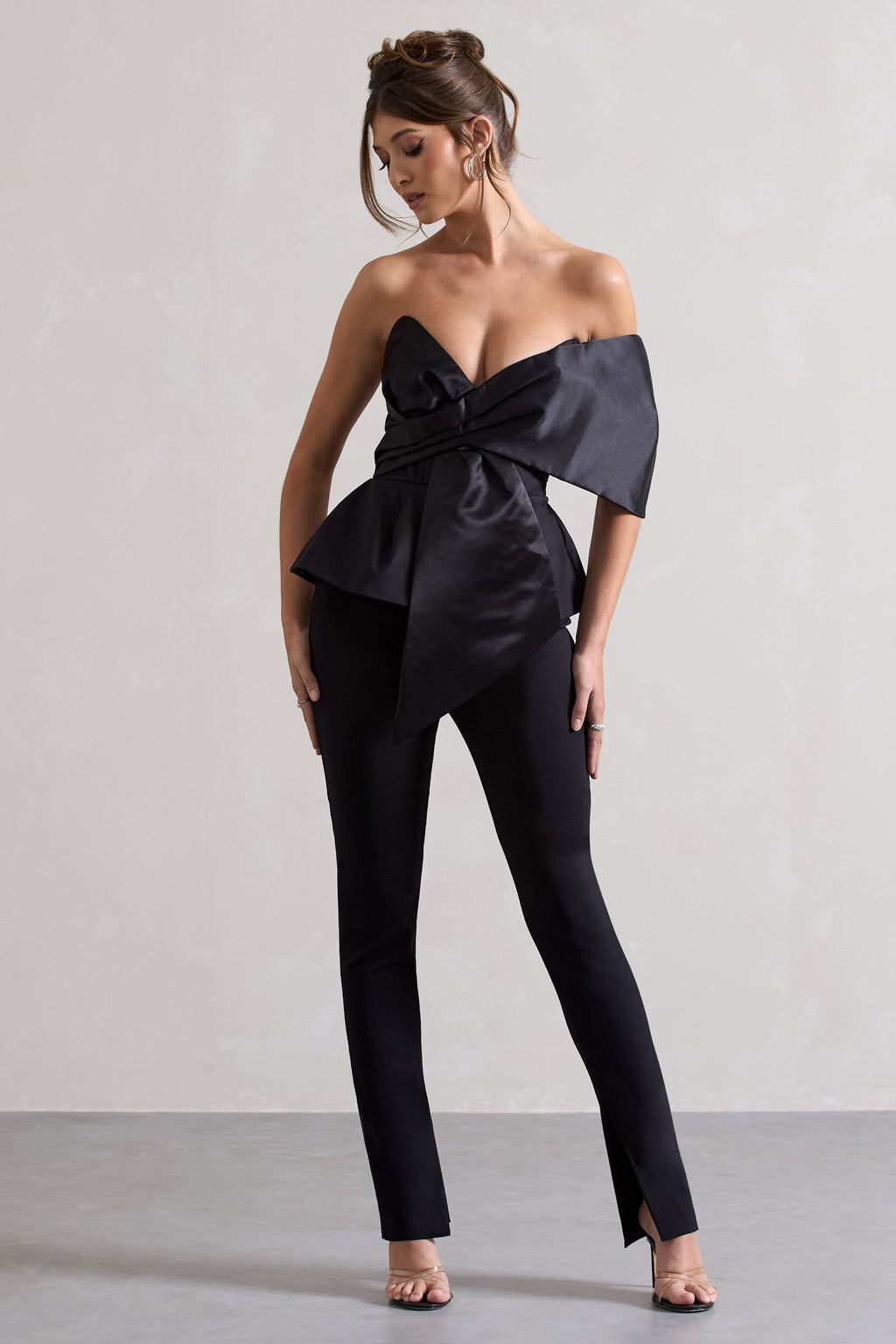 Mayfair | Black Asymmetric Bardot Top With Peplum Hem