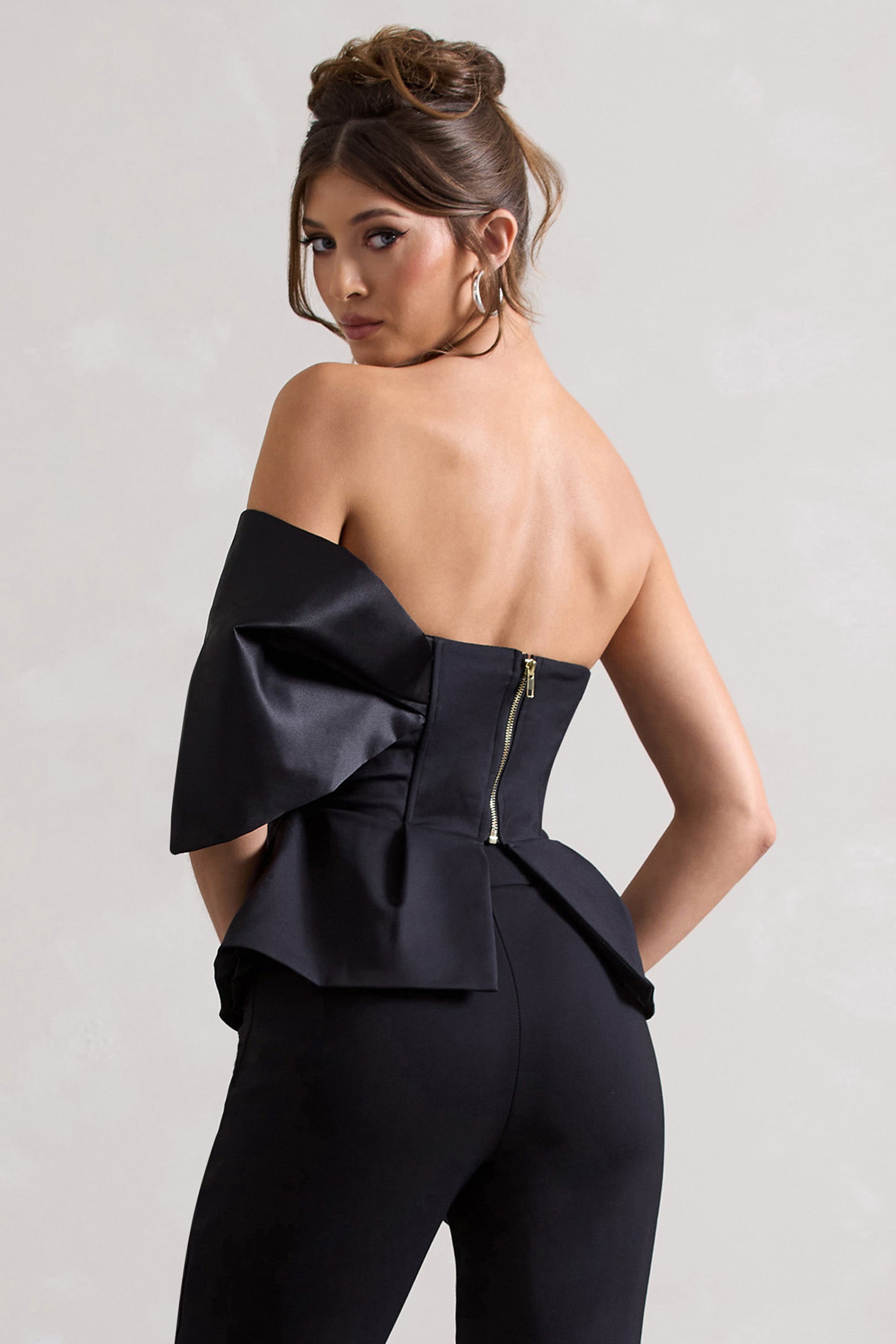 Mayfair | Black Asymmetric Bardot Top With Peplum Hem