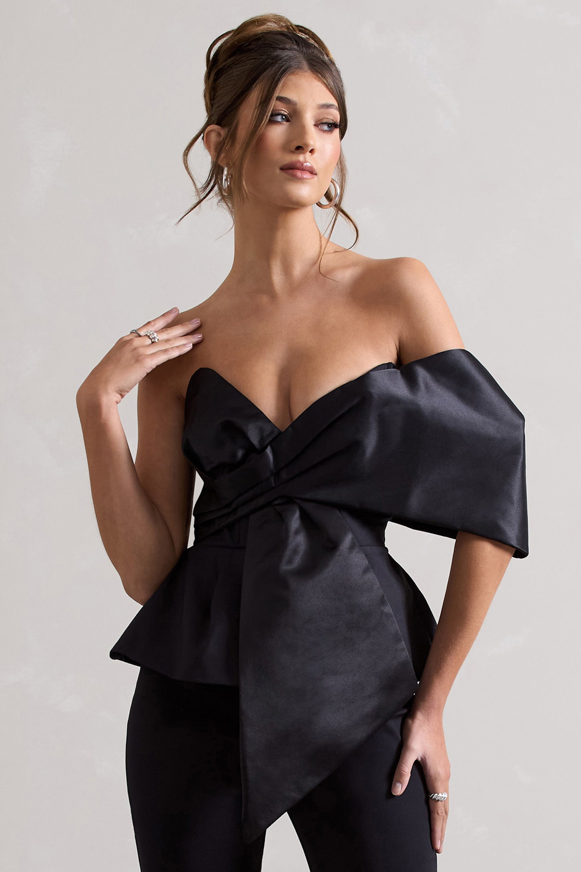 Mayfair | Black Asymmetric Bardot Top With Peplum Hem