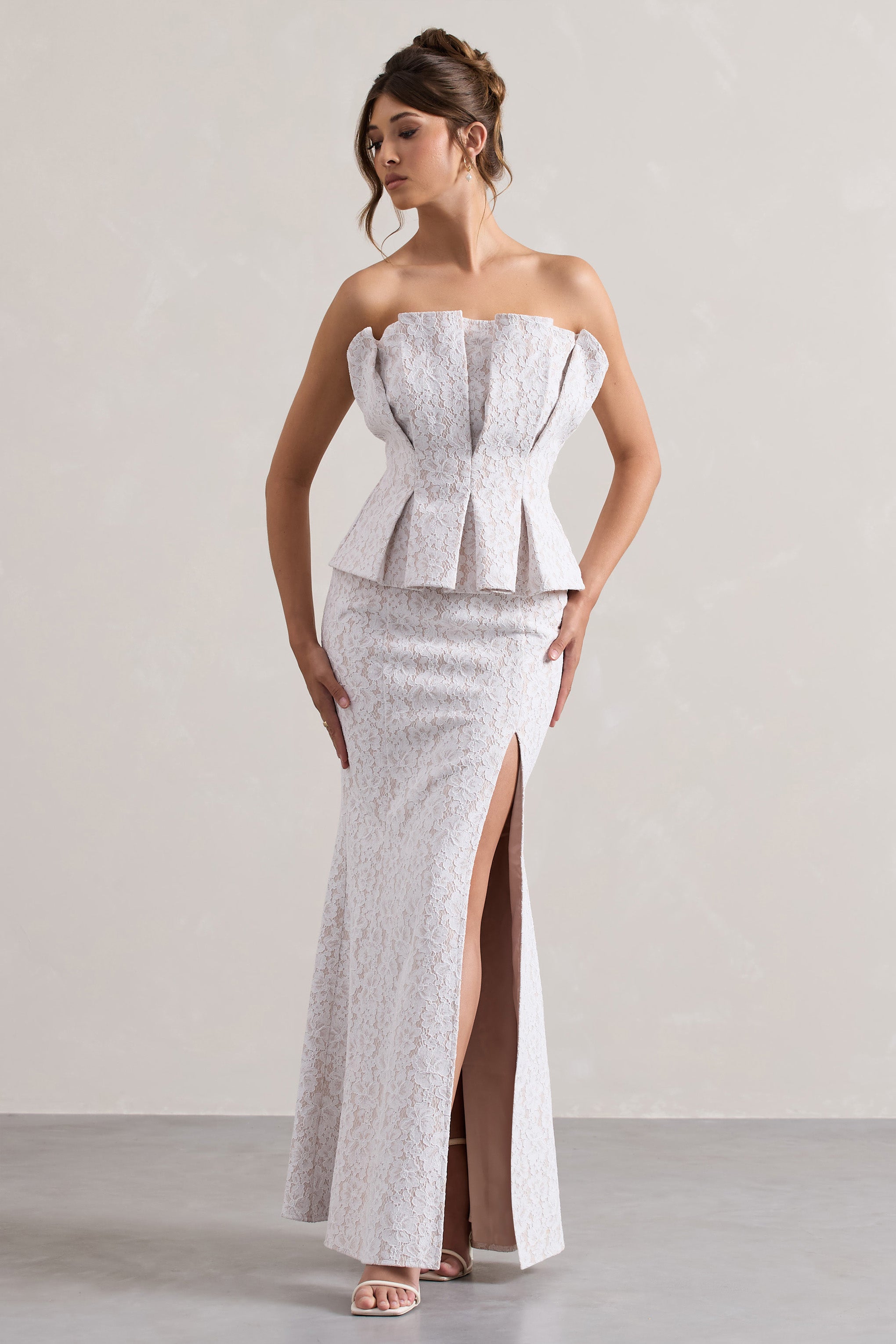 Kaleido | White Lace Strapless Ruffled Split Maxi Dress