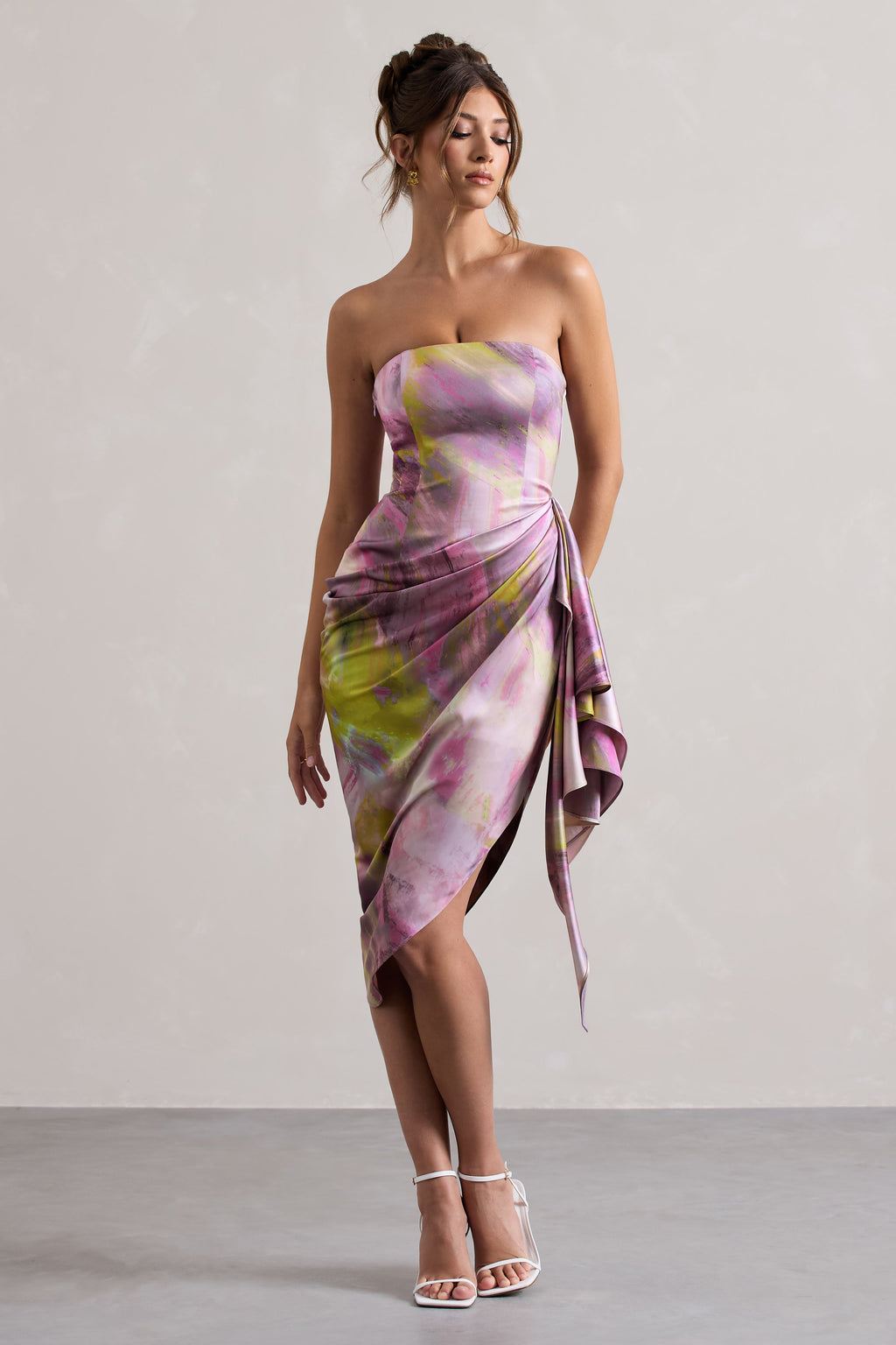 Axel | Lilac Print Satin Strapless Wrap Midi Dress