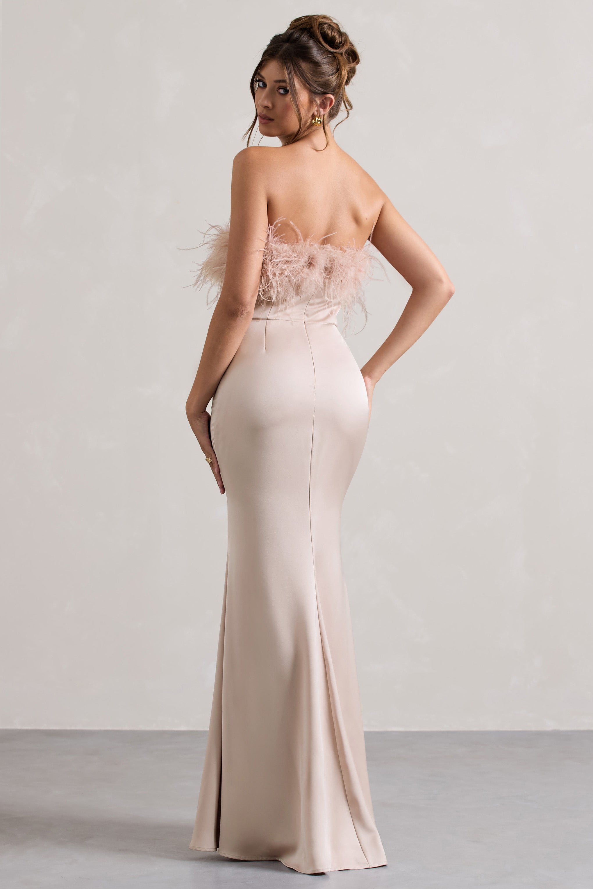 Dress For It | Champagne Satin Feather Trim Bandeau Maxi Dress