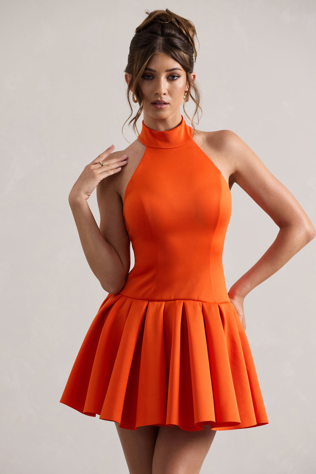 Masterpiece | Orange High-Neck Mini Dress With Volume Hem
