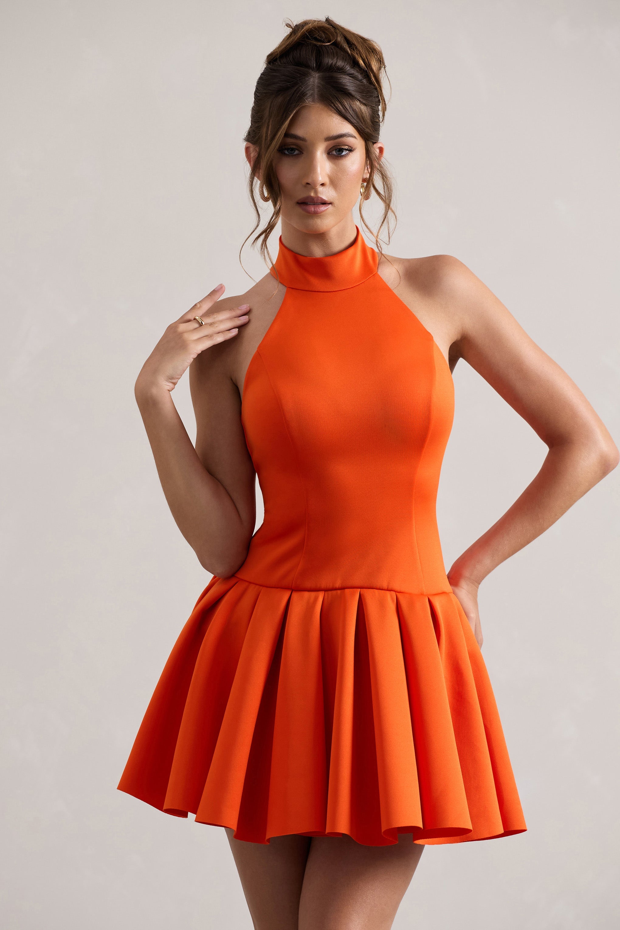 Masterpiece | Orange High-Neck Mini Dress With Volume Hem