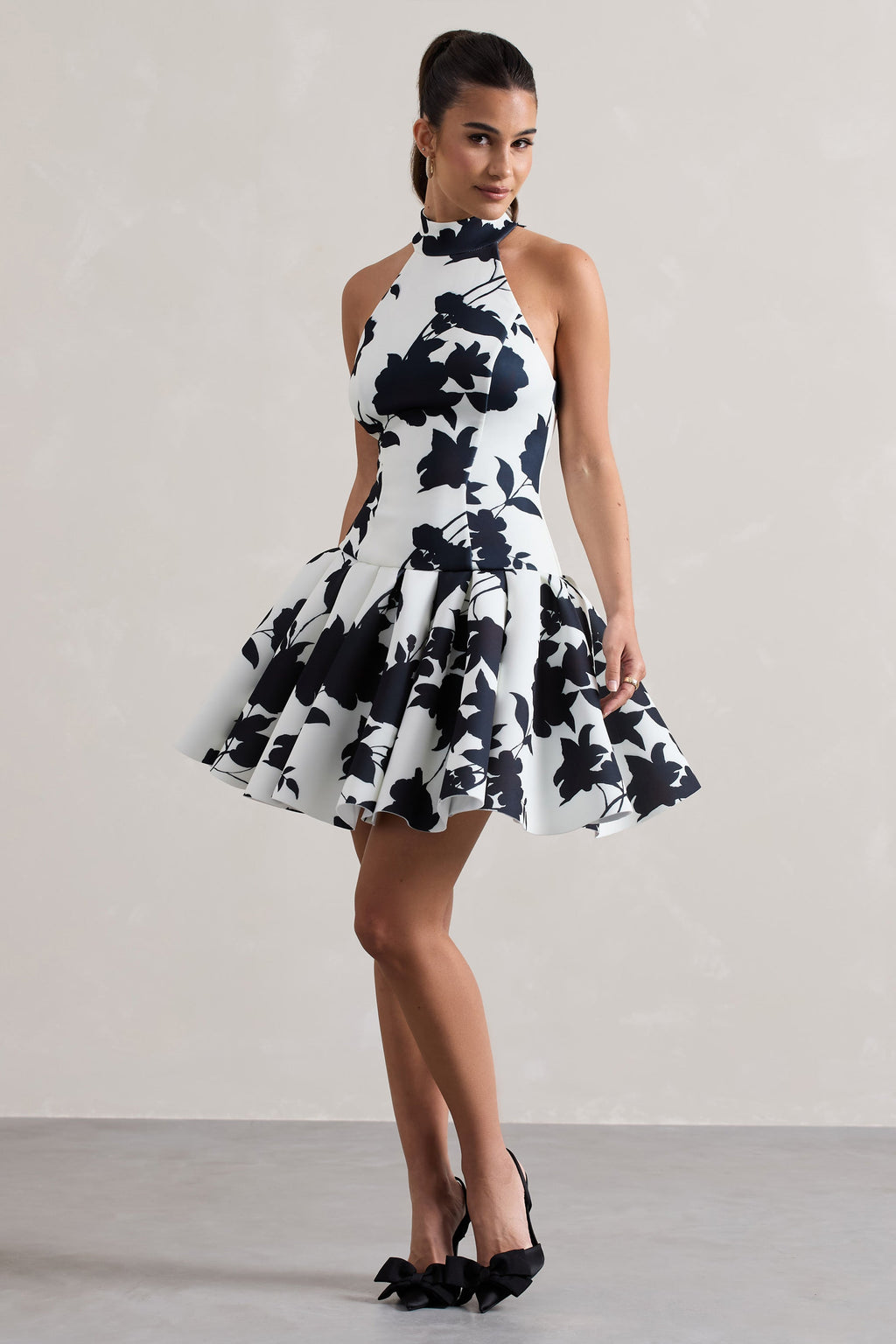 Masterpiece | Cream Floral Print High-Neck Mini Dress With Volume Hem