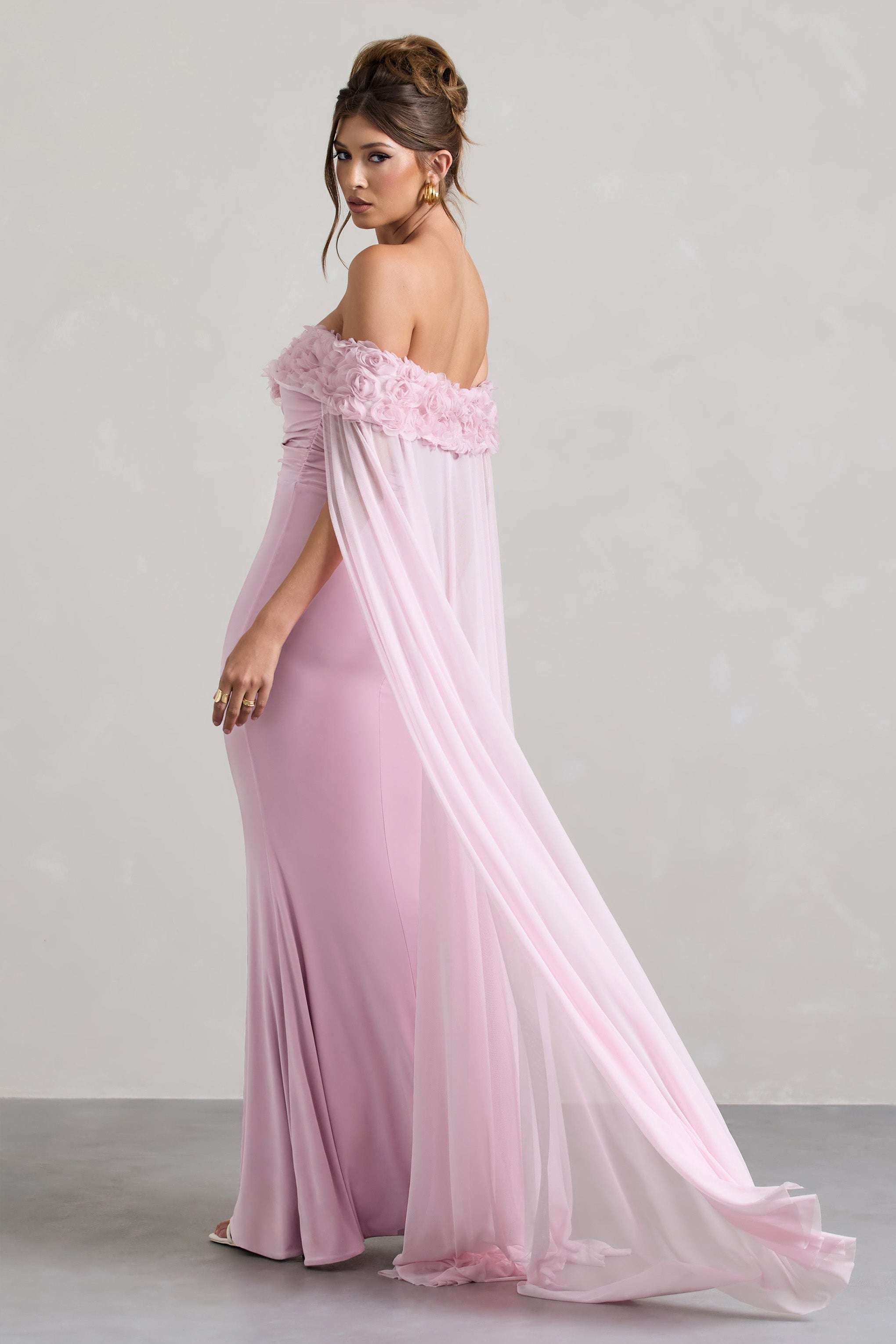 Avant Garde | Blush Pink Floral Bardot Fishtail Maxi Dress With Mesh Cape