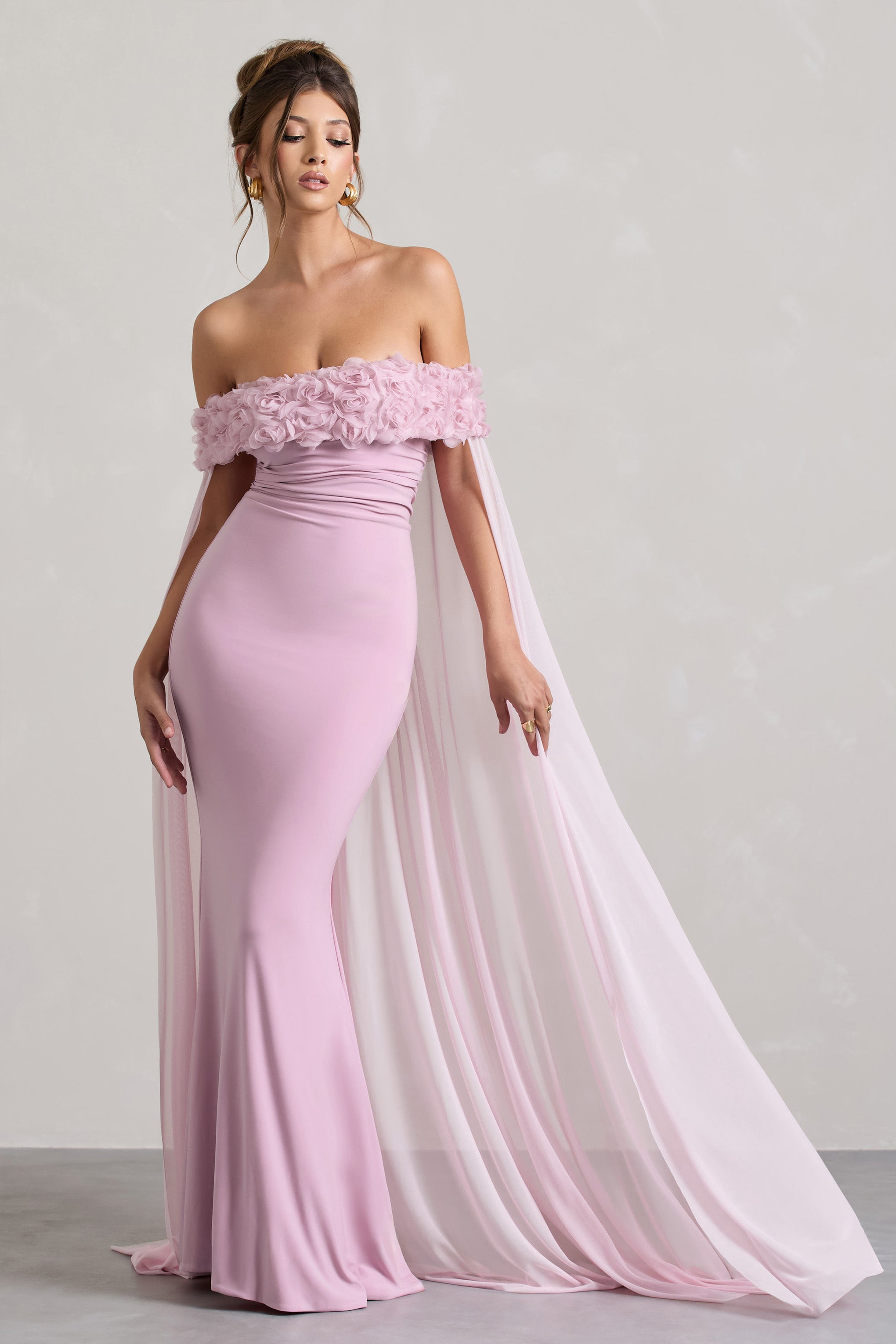 Avant Garde | Blush Pink Floral Bardot Fishtail Maxi Dress With Mesh Cape