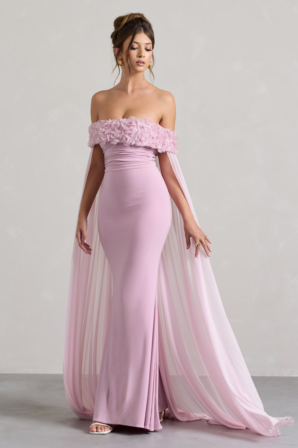 Avant Garde | Blush Pink Floral Bardot Fishtail Maxi Dress With Mesh Cape