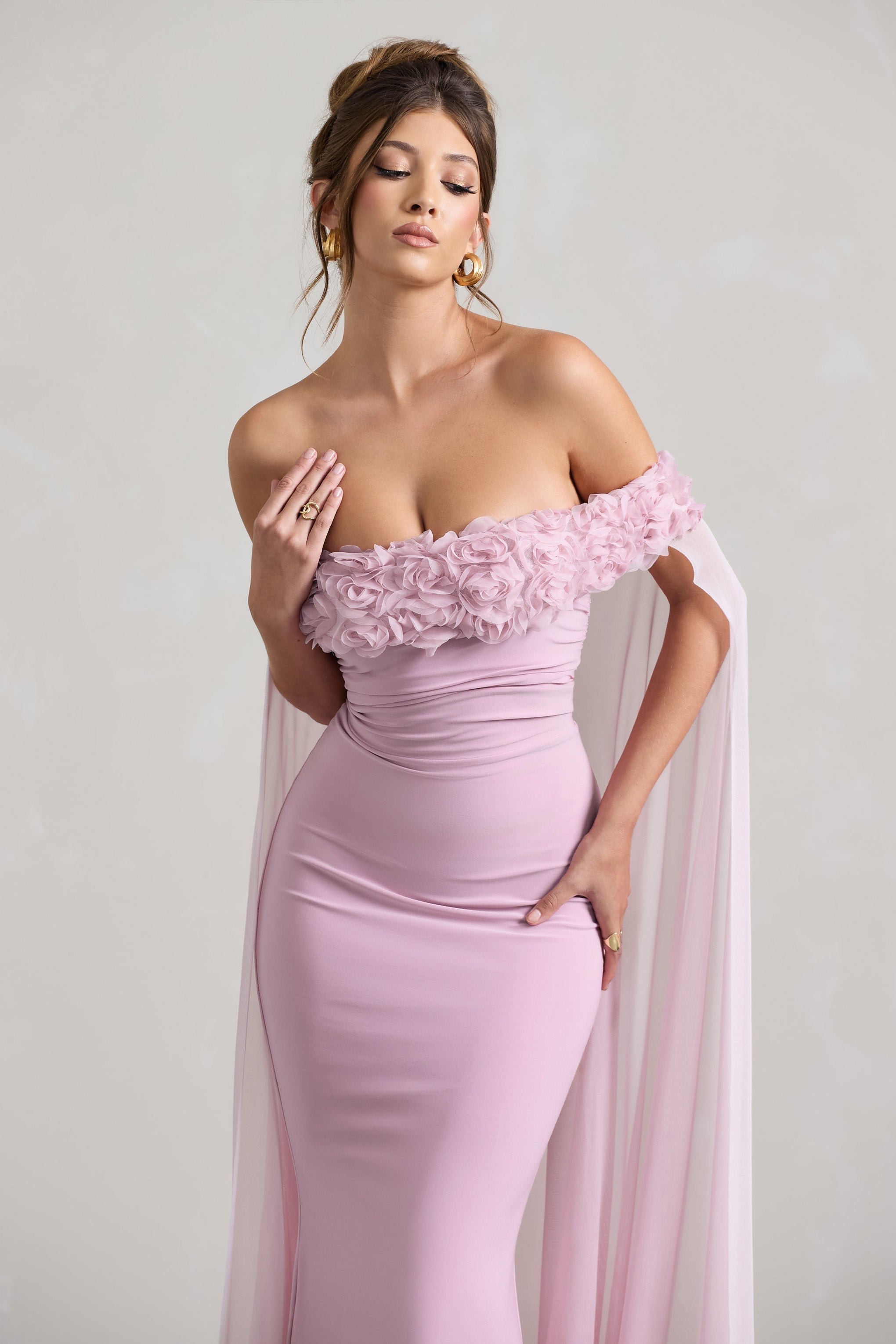 Avant Garde | Blush Pink Floral Bardot Fishtail Maxi Dress With Mesh Cape