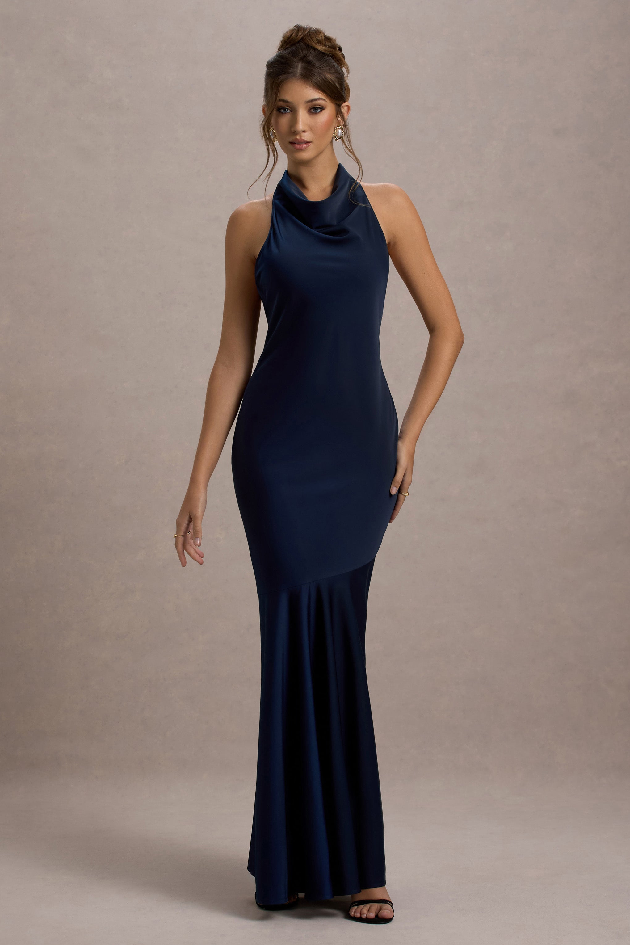 Amelita | Navy Satin Cowl-Neck Maxi Dress