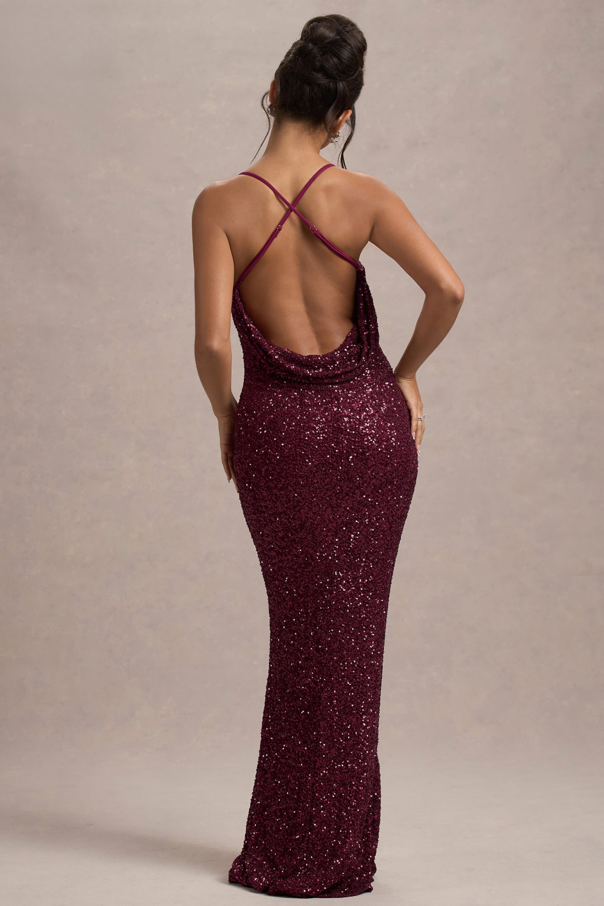 Cosmic | Berry Sequin Square-Neck Strappy Maxi Dress