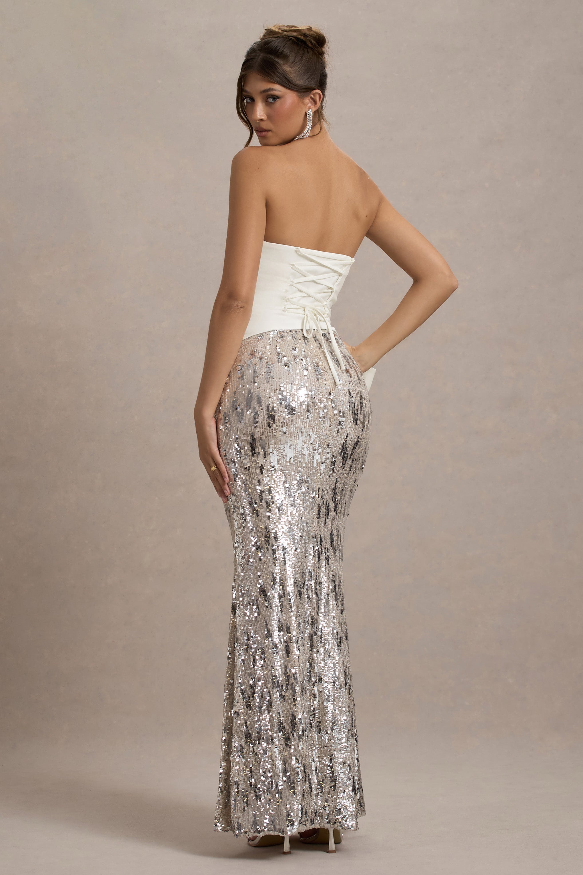Ceres | Ecru Strapless Draped Maxi Dress With Sequin Skirt