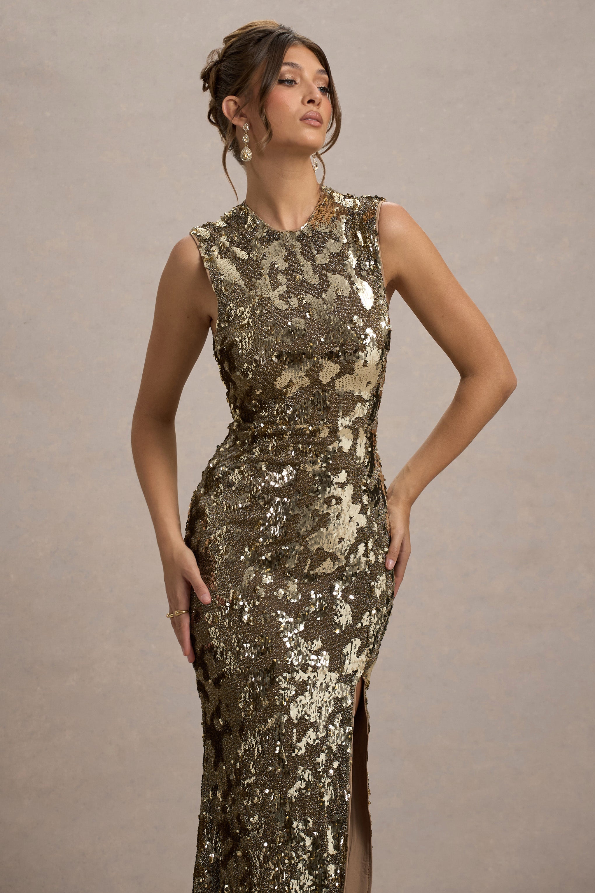 Cleopatra |  Gold Sequin Split Maxi Dress