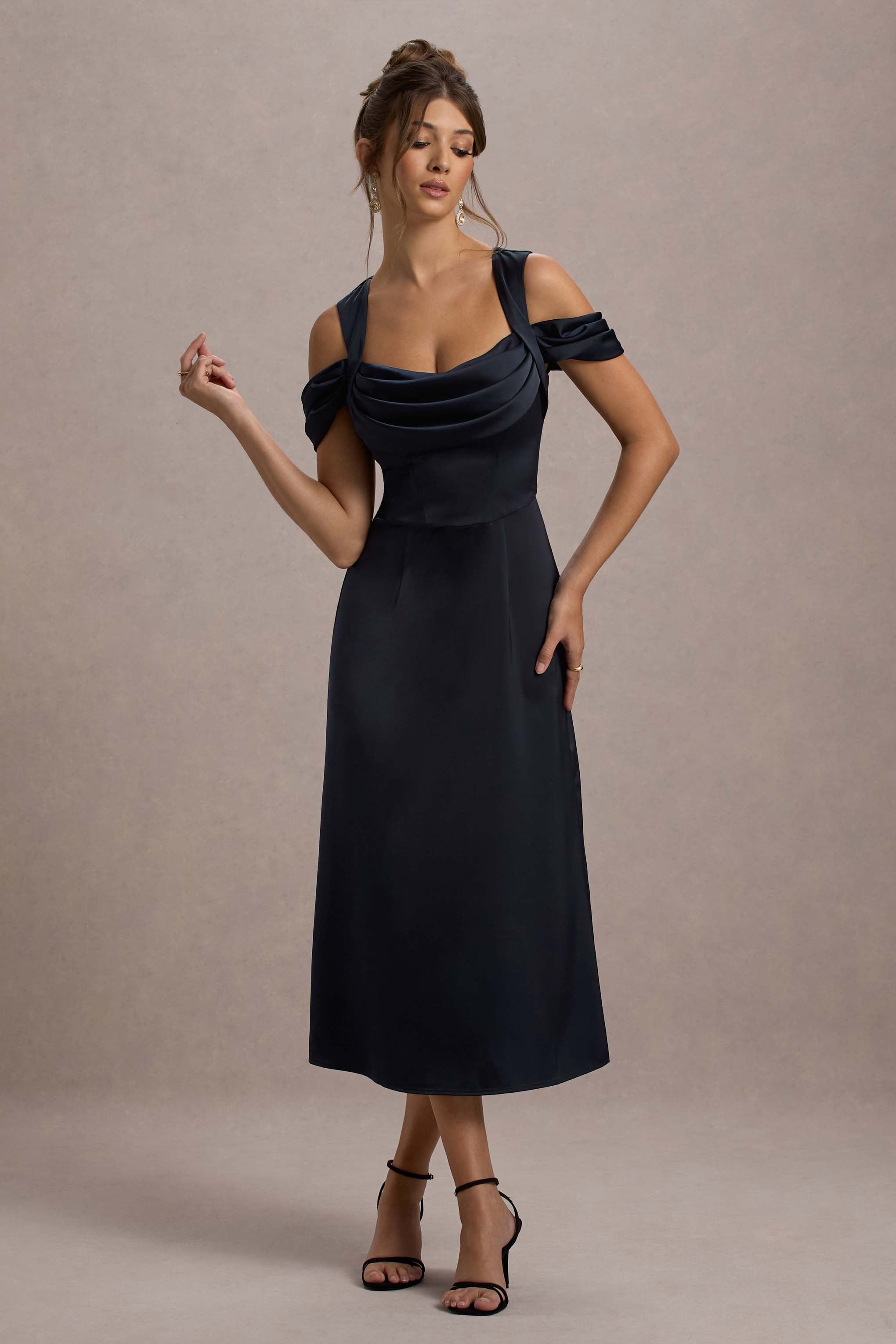 Sawyer | Navy Satin Draped Midi Dress