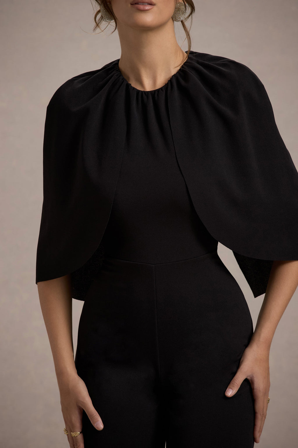 Arbor | Black Cape-Sleeve Straight-Leg Jumpsuit