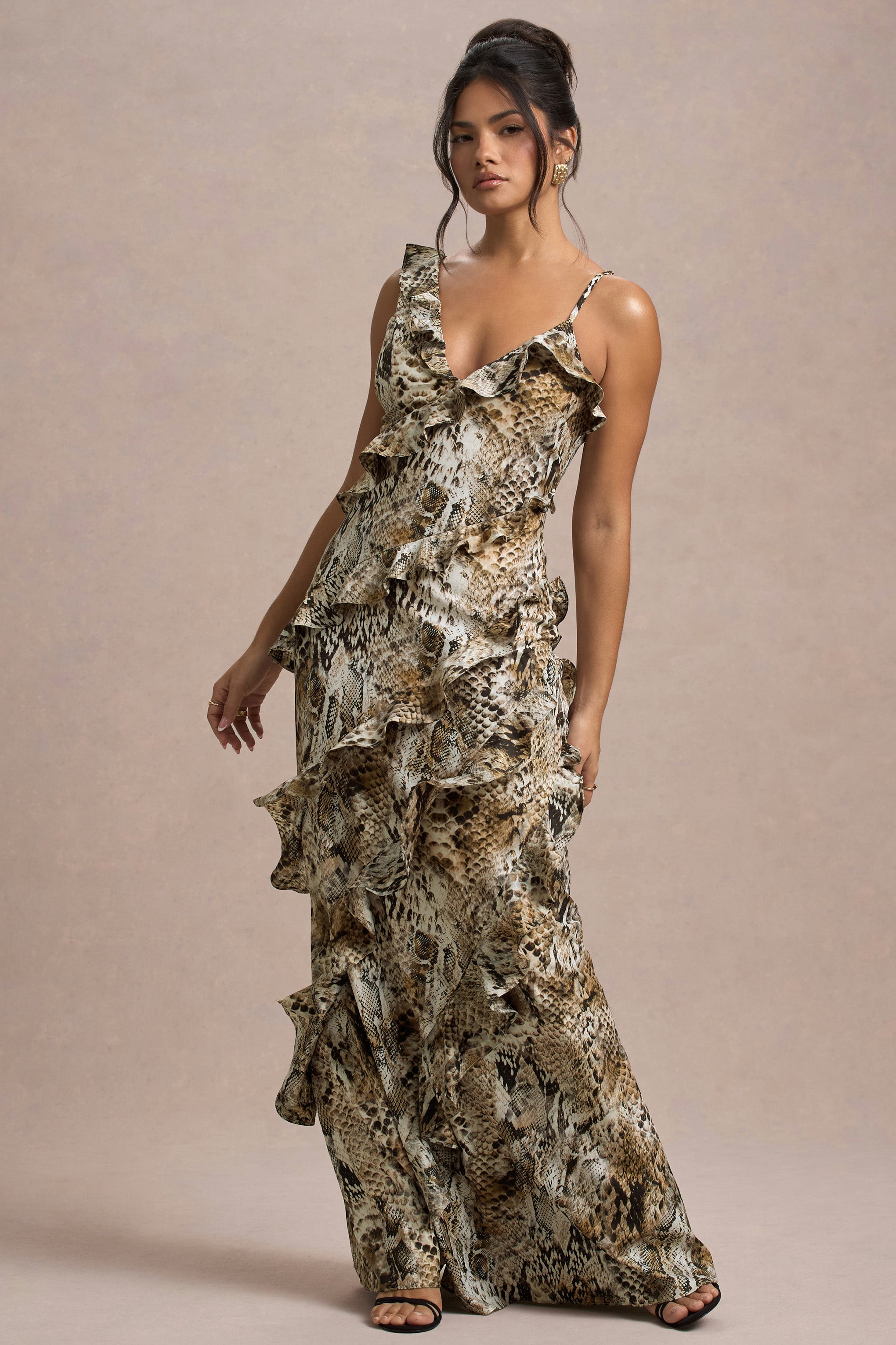 Wispy | Snake Print Plunge-Neck Ruffled Maxi Dress