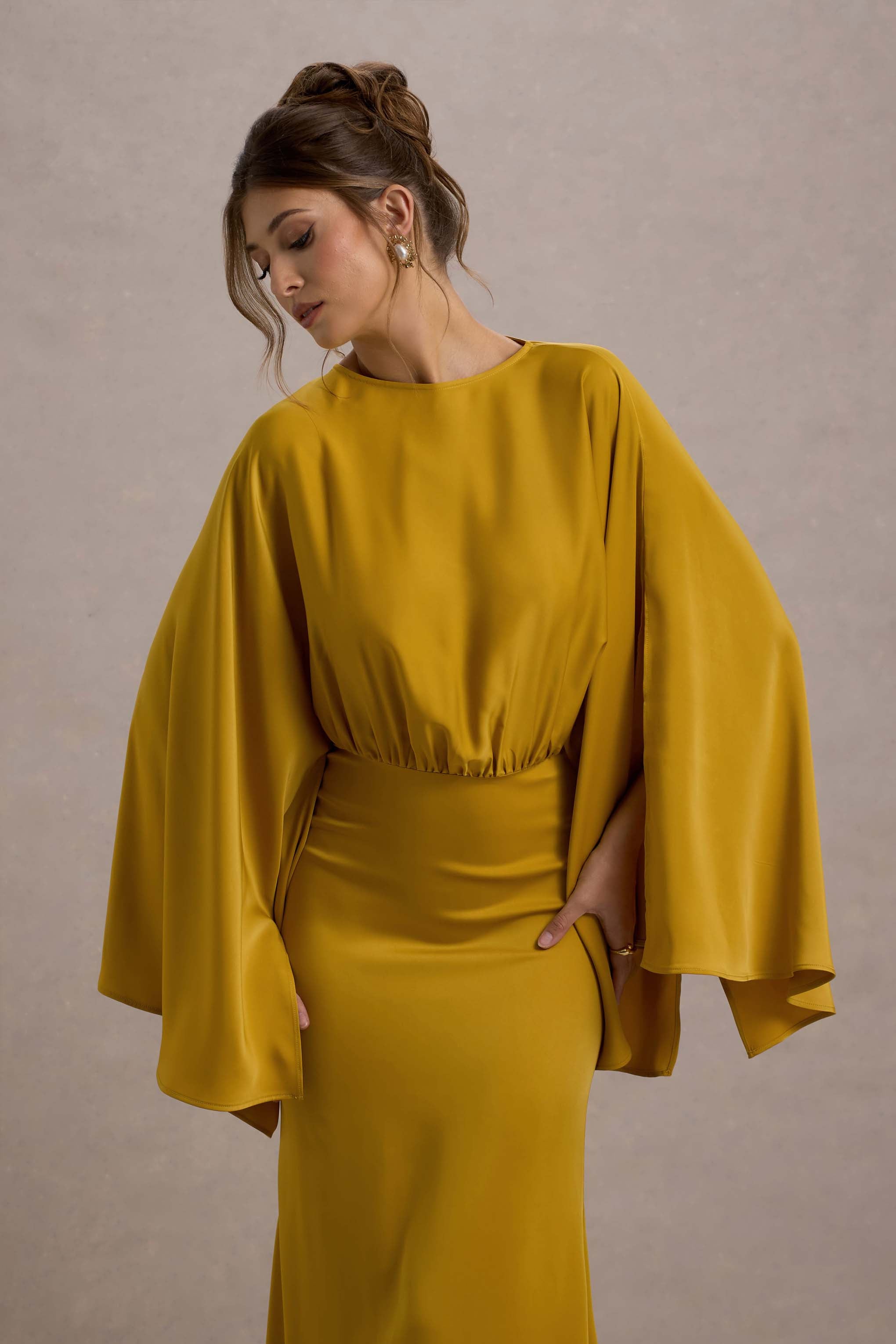 Zuzanna | Mustard Draped Maxi Dress With Cape Sleeves