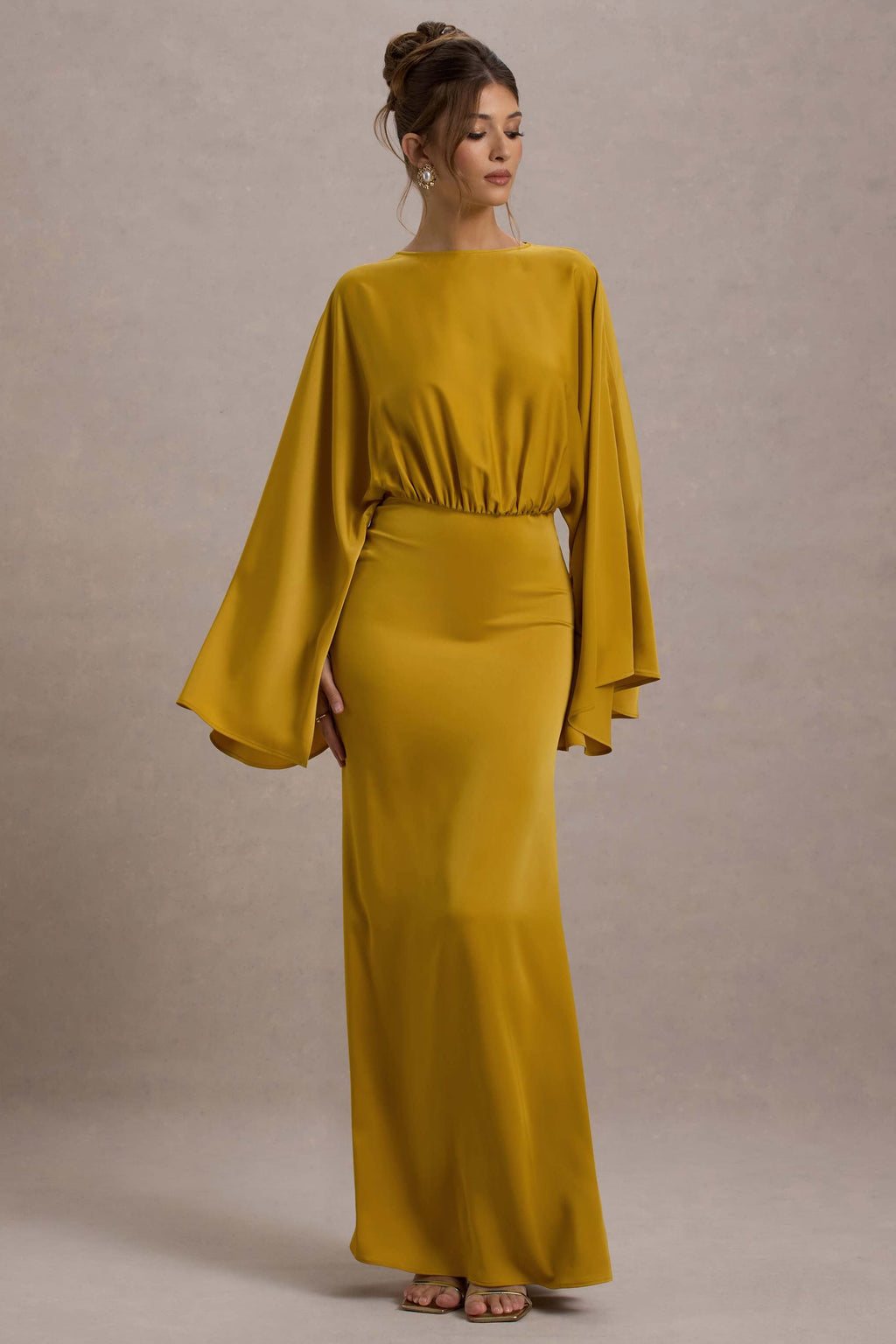 Zuzanna | Mustard Draped Maxi Dress With Cape Sleeves
