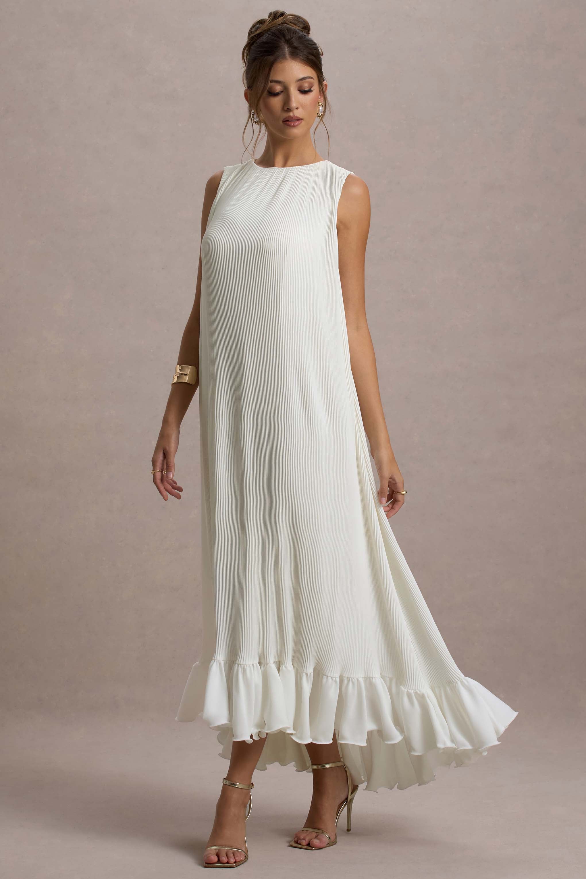 Hazelle | Cream Chiffon A-Line Ruffled Maxi Dress