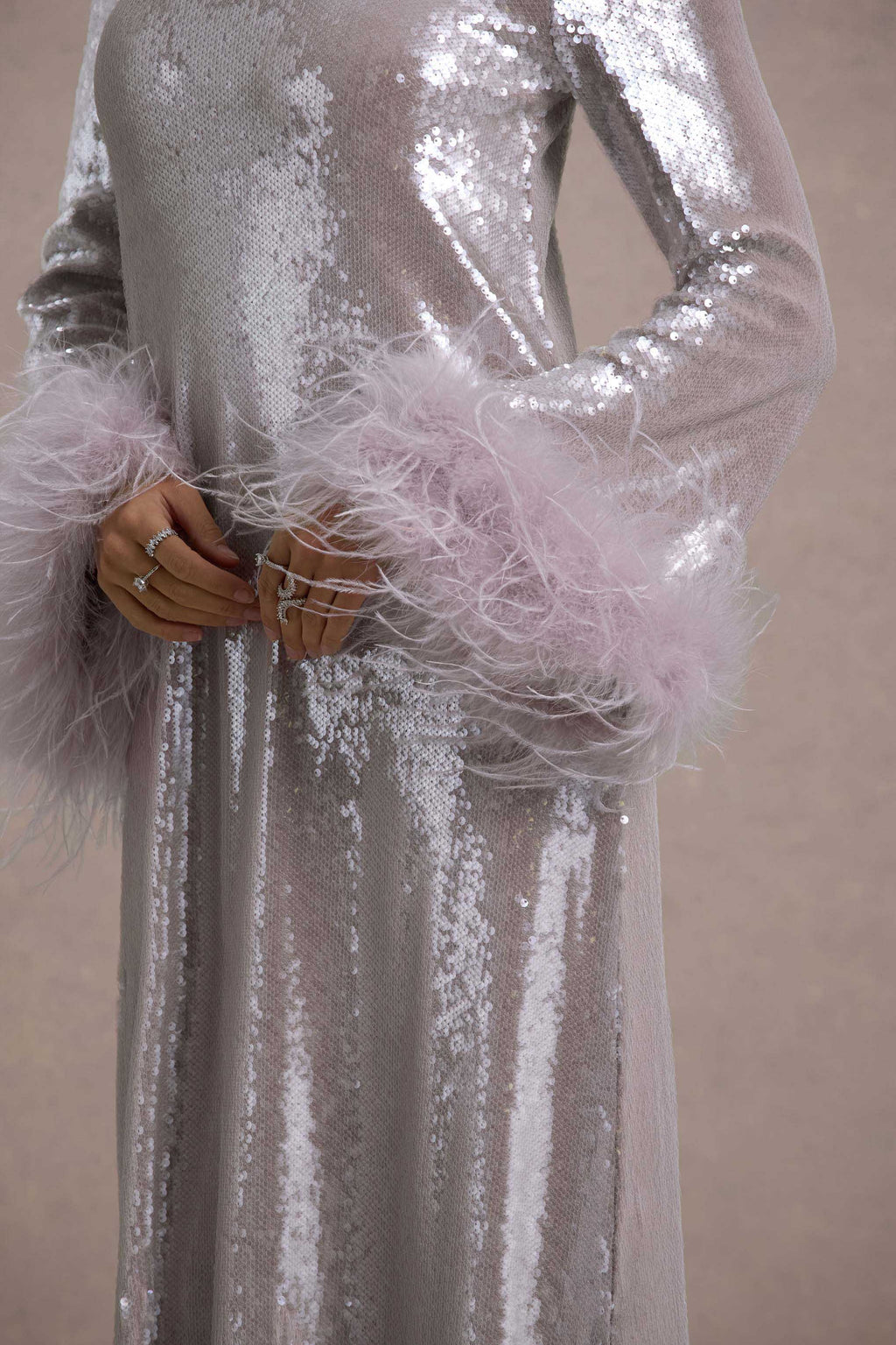 Tallie | Lilac Sequin Maxi Dress With Feather Trim