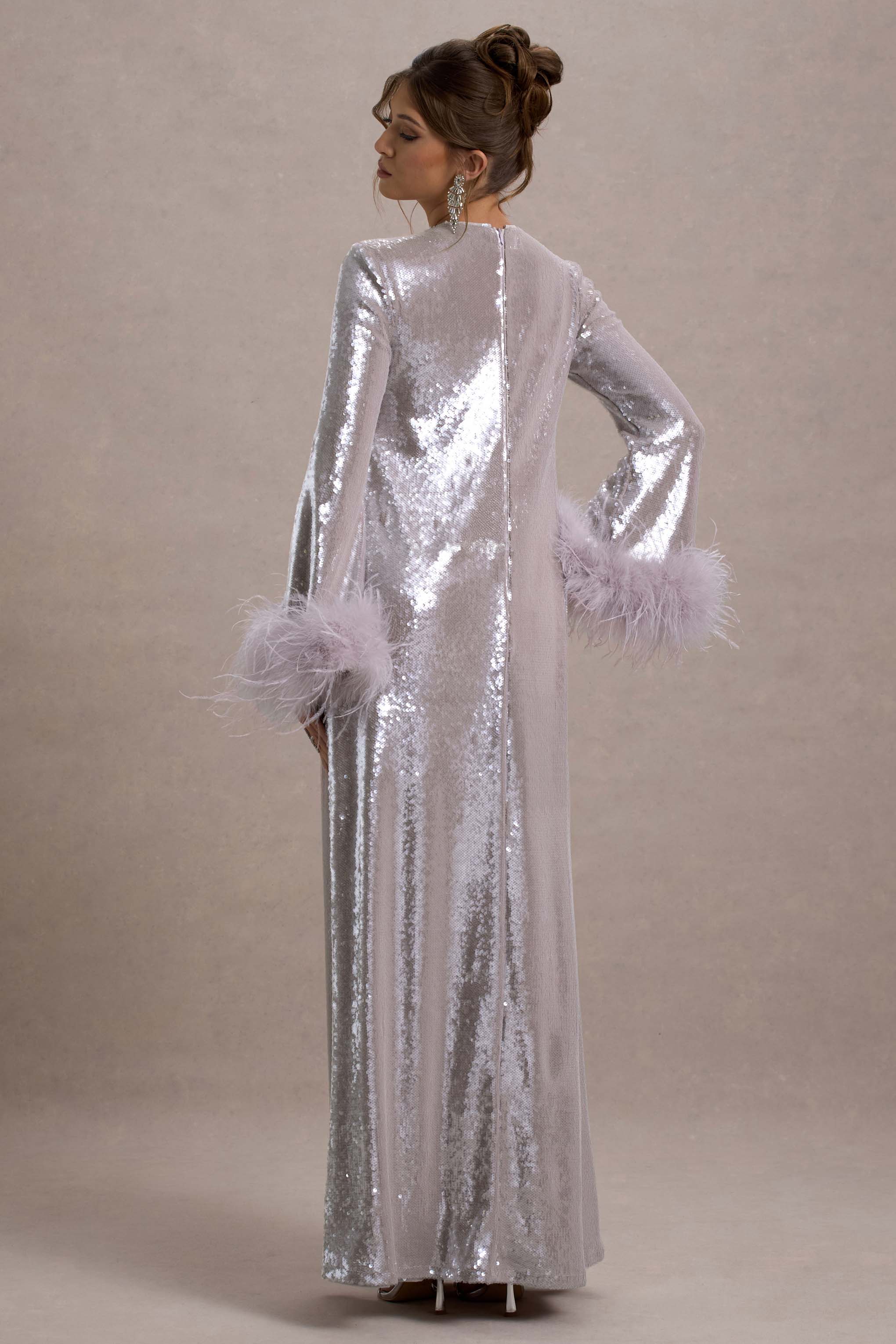 Tallie | Lilac Sequin Maxi Dress With Feather Trim