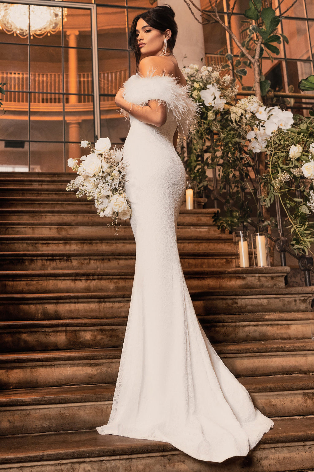 Idyll | White Lace Bardot Feather Fishtail Maxi Dress