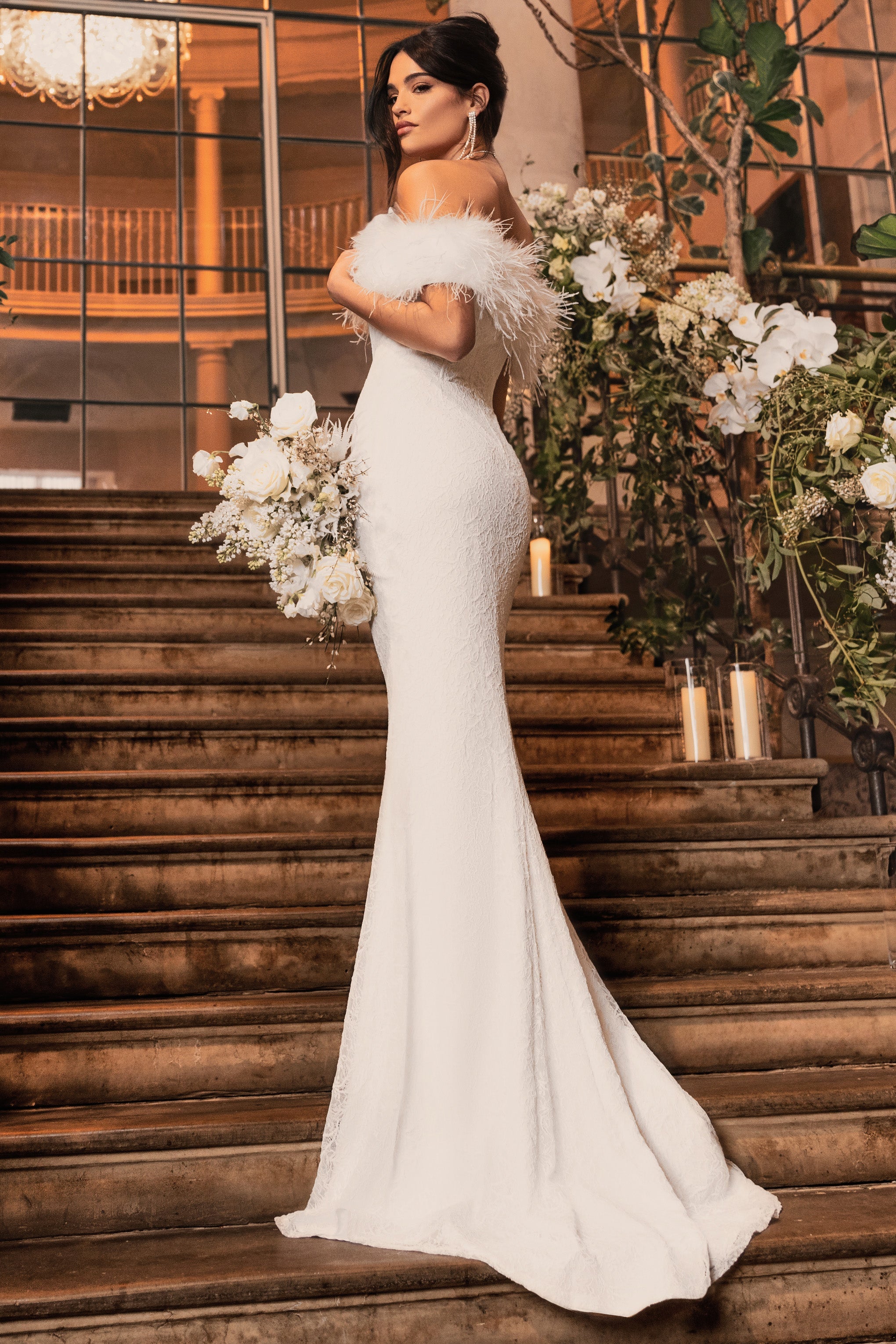 Idyll | White Lace Bardot Feather Fishtail Maxi Dress