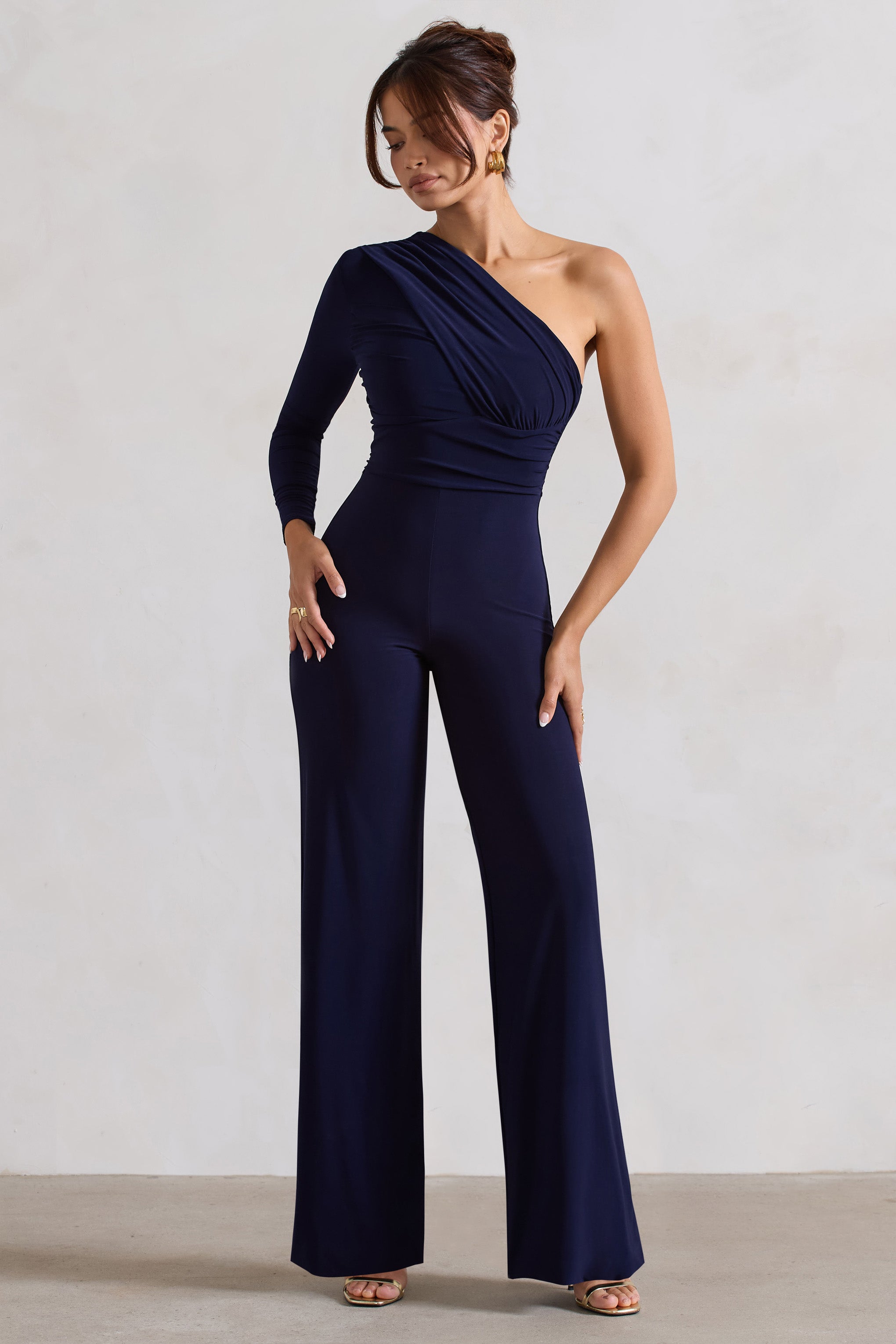 Mila | Navy One Shoulder Ruched Wide Leg Jumpsuit