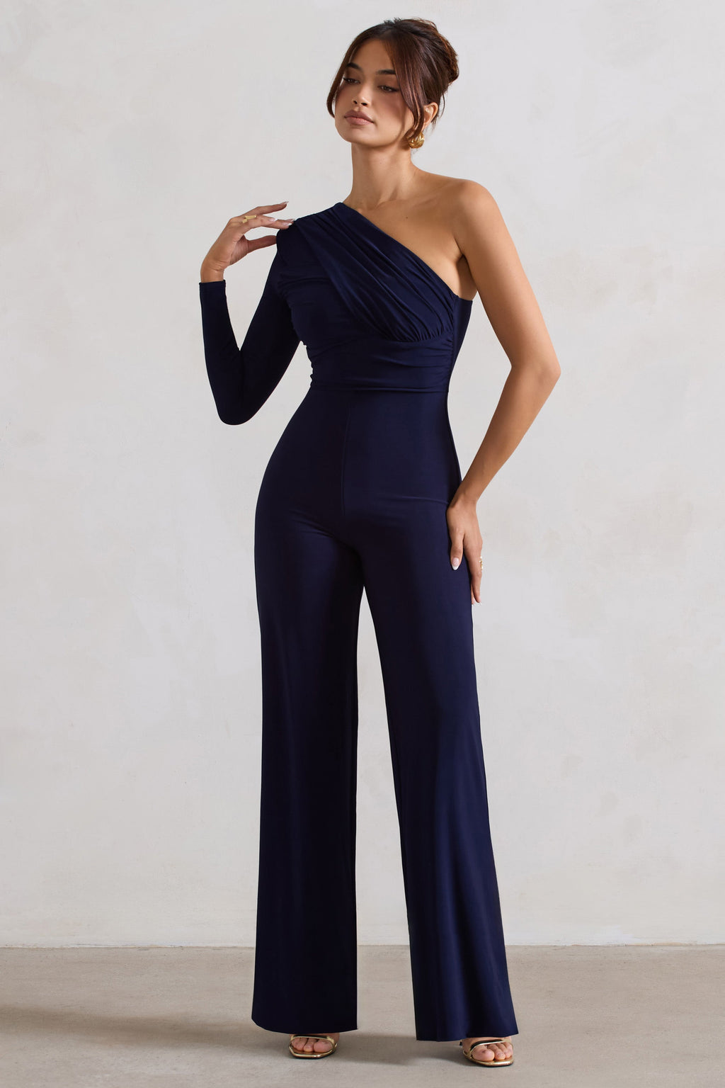 Mila | Navy One Shoulder Ruched Wide Leg Jumpsuit