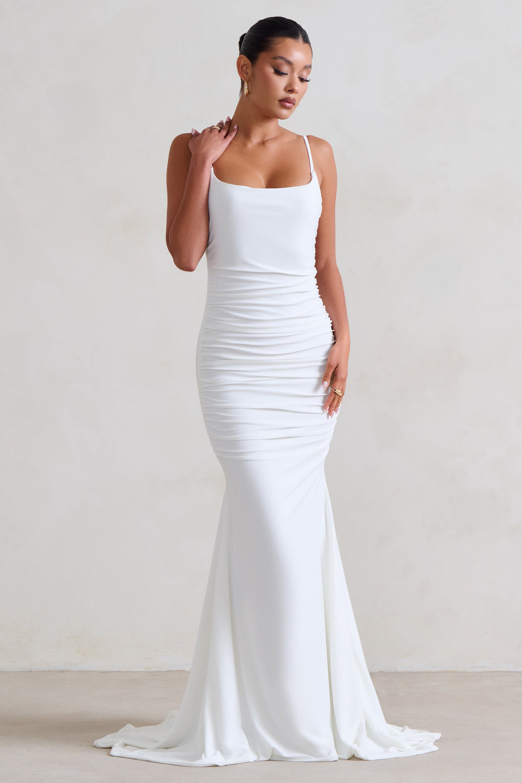 Adele | White Ruched Fishtail Cami Maxi Dress