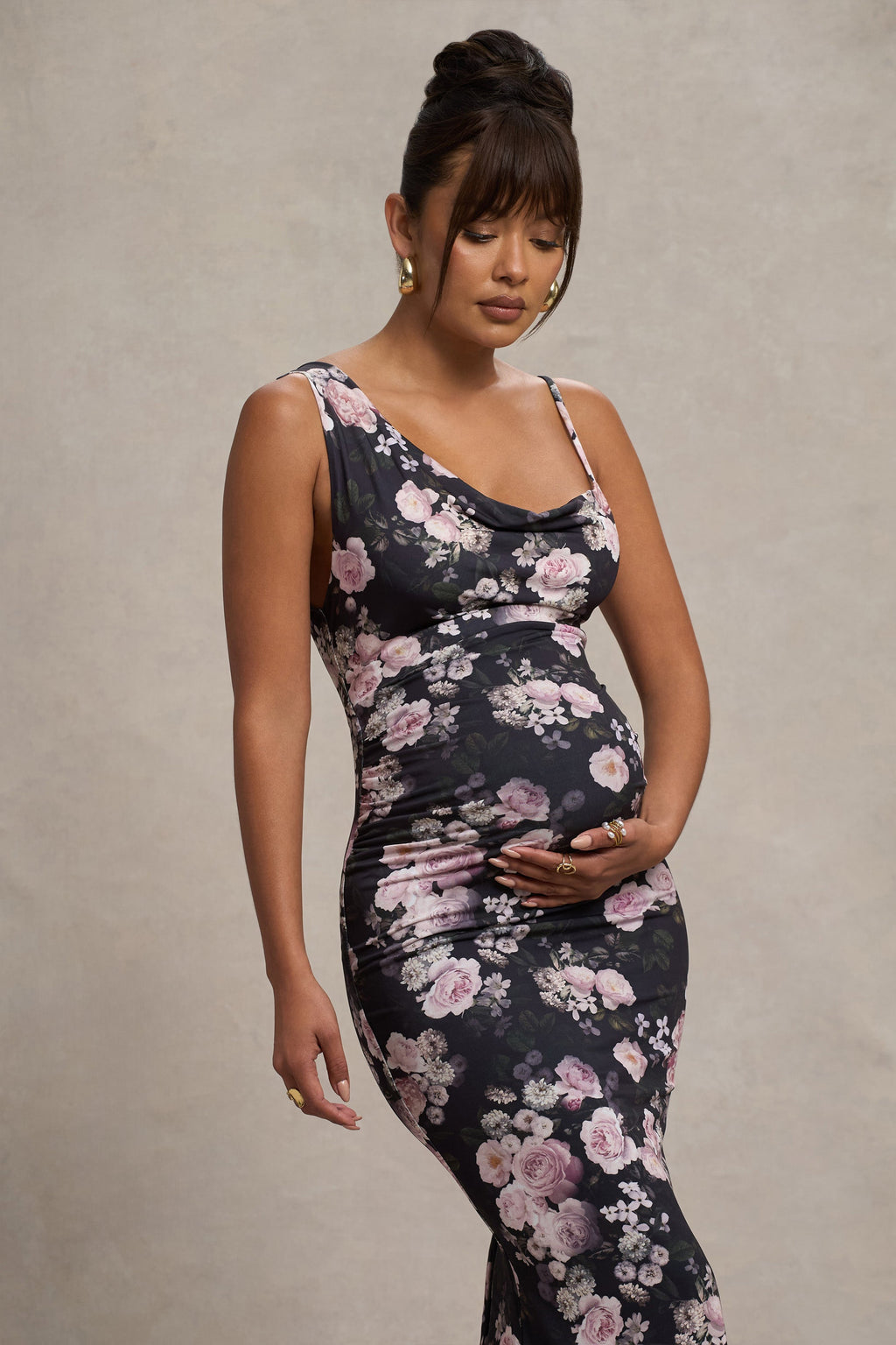 Phantasy | Black Floral Maternity Cowl Neck Maxi Dress