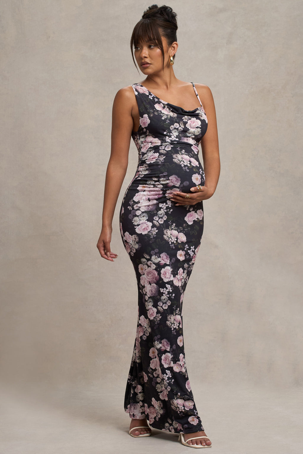Phantasy | Black Floral Maternity Cowl Neck Maxi Dress
