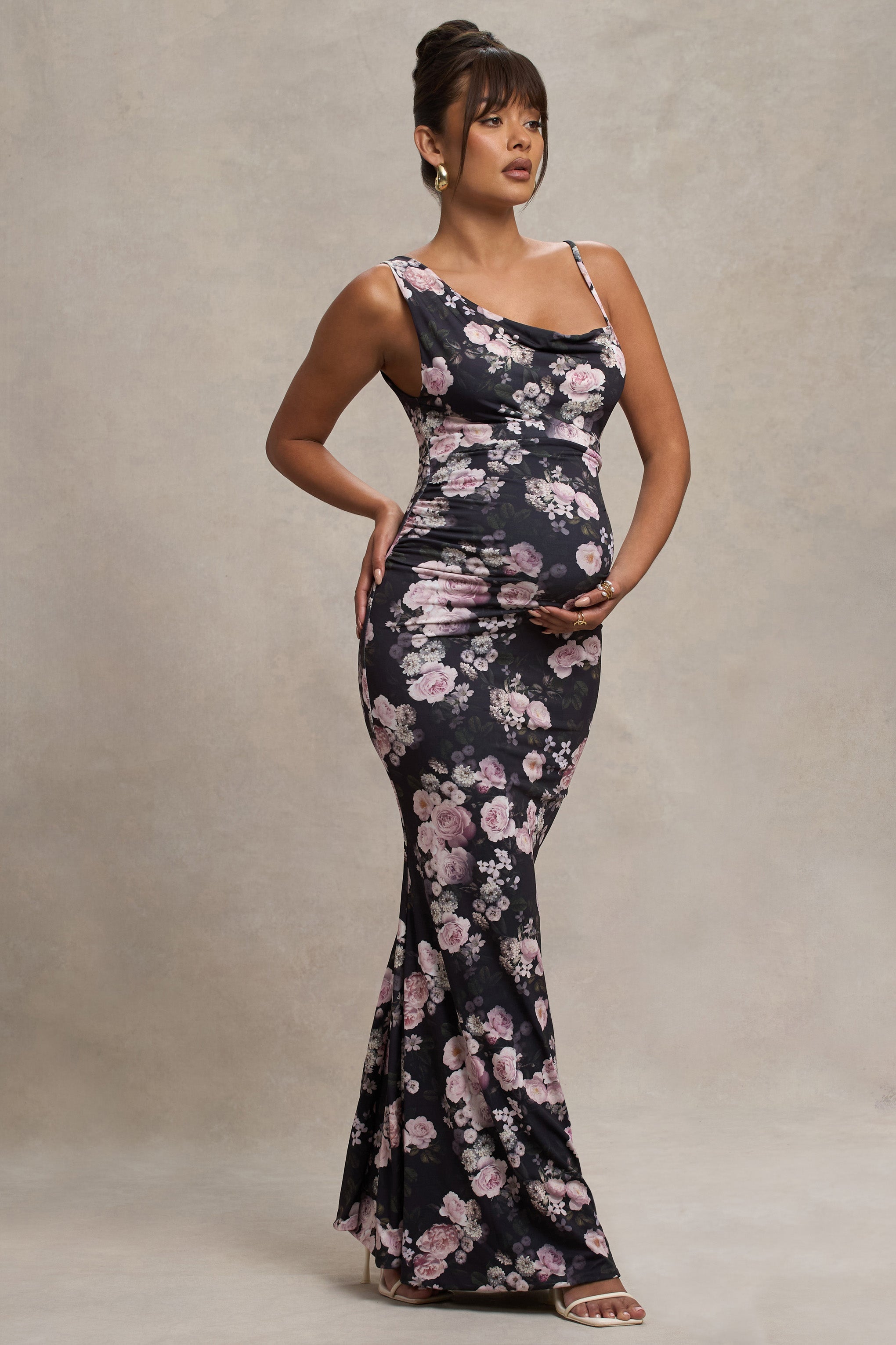 Phantasy | Black Floral Maternity Cowl Neck Maxi Dress